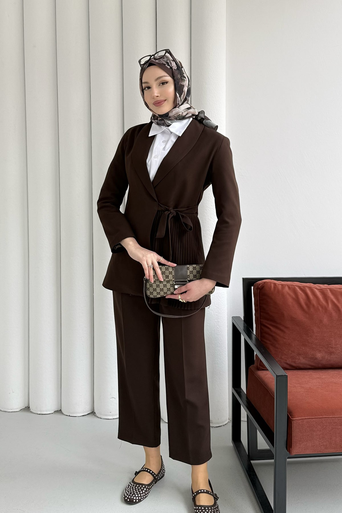 Yan Bağlamalı Pilise Detay Blazer Ceket-KAHVERENGİ