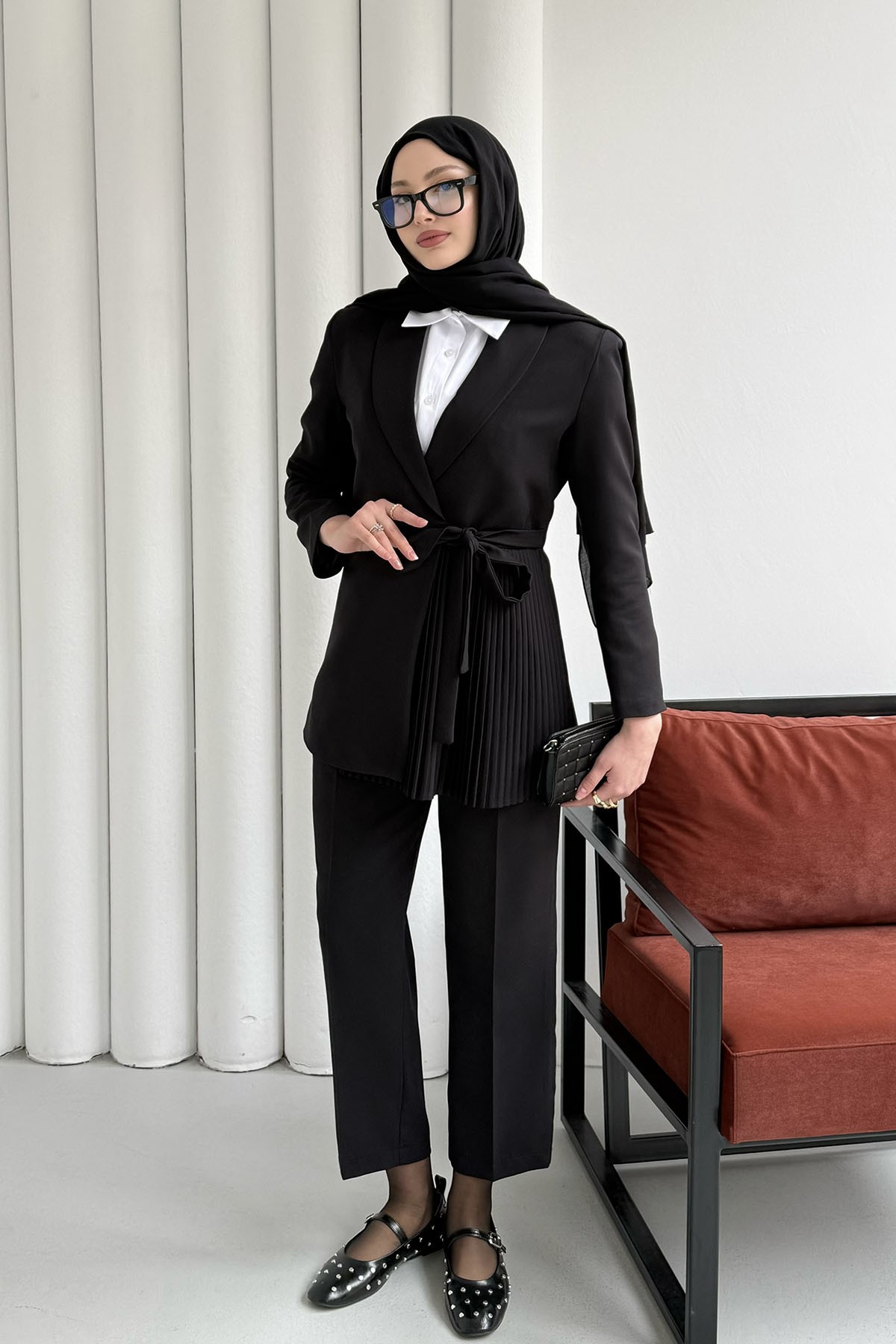 Yan Bağlamalı Pilise Detay Blazer Ceket-SİYAH