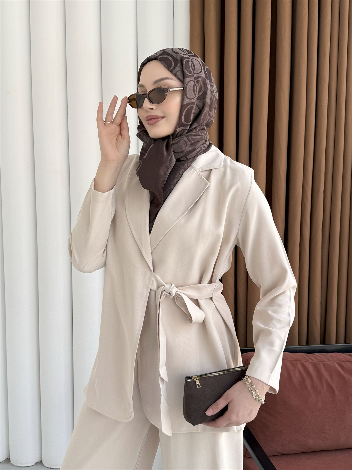 Yandan Bağlamalı Ceket Pantolon Tesettür Takım-TAŞ