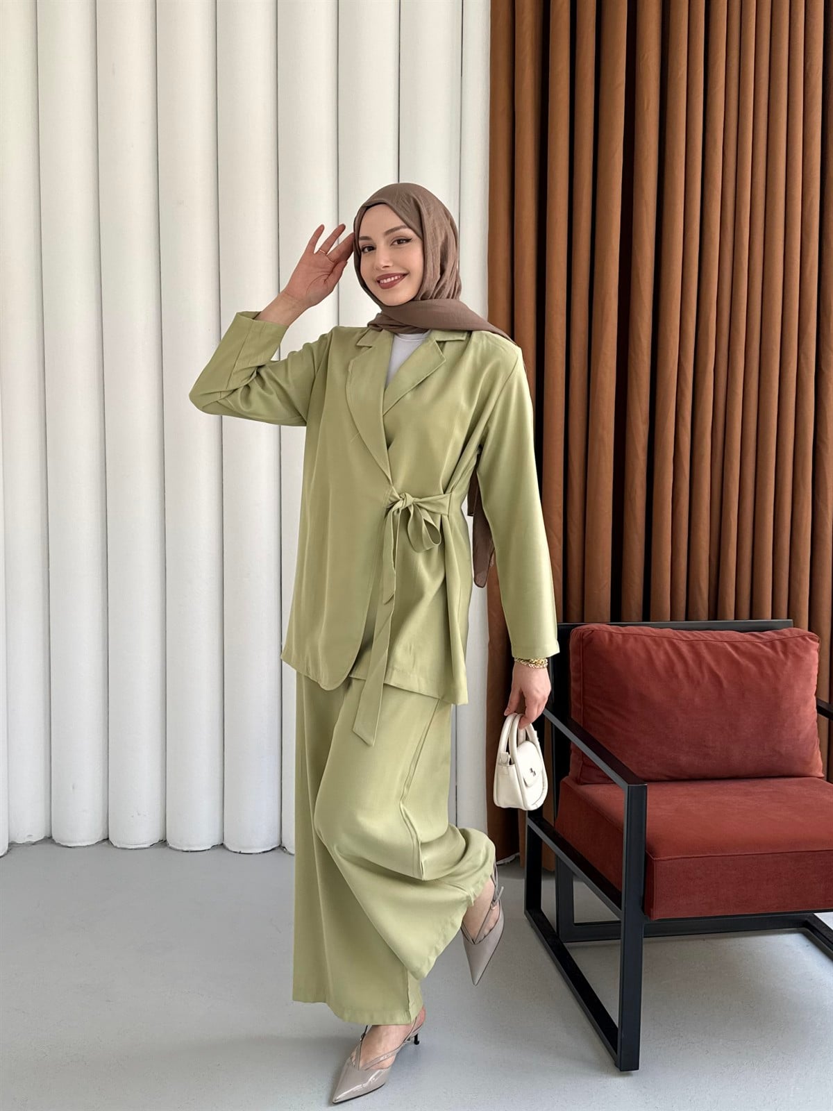 Yandan Bağlamalı Ceket Pantolon Tesettür Takım-MİNT YEŞİLİ