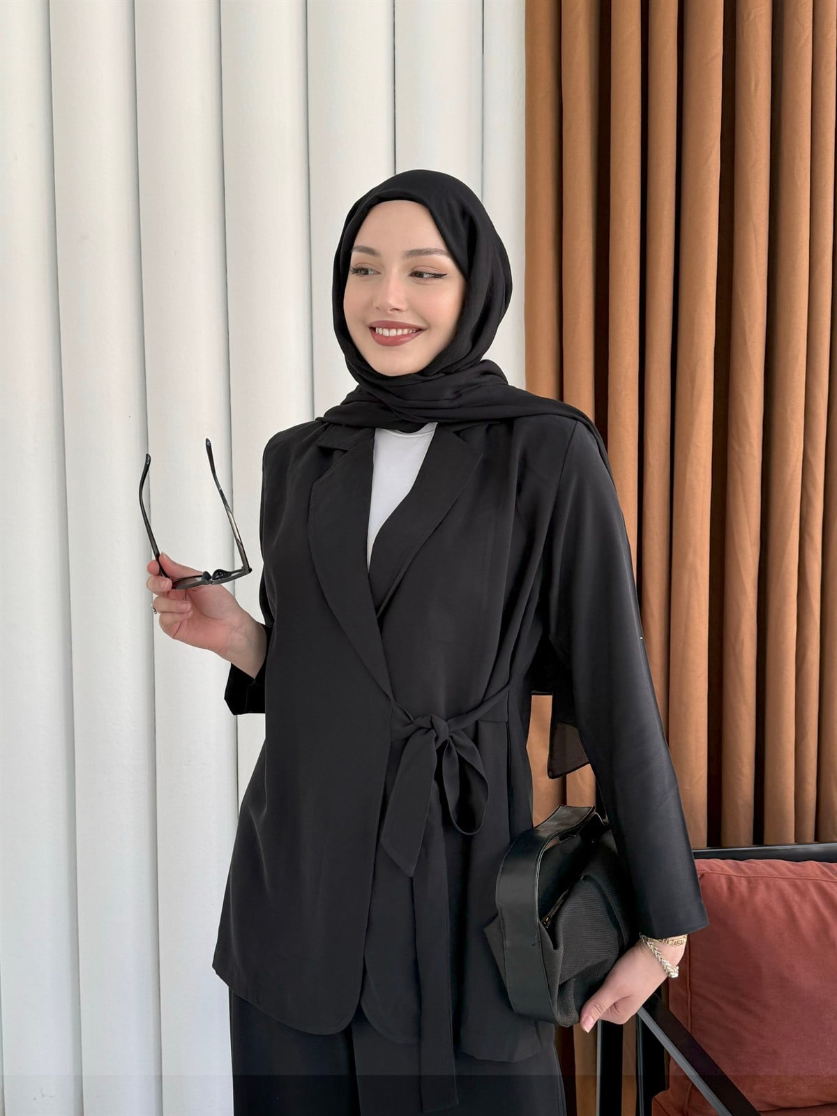 Yandan Bağlamalı Ceket Pantolon Tesettür Takım-SİYAH