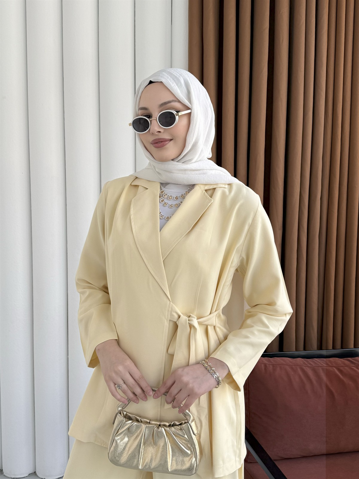 Yandan Bağlamalı Ceket Pantolon Tesettür Takım-SARI