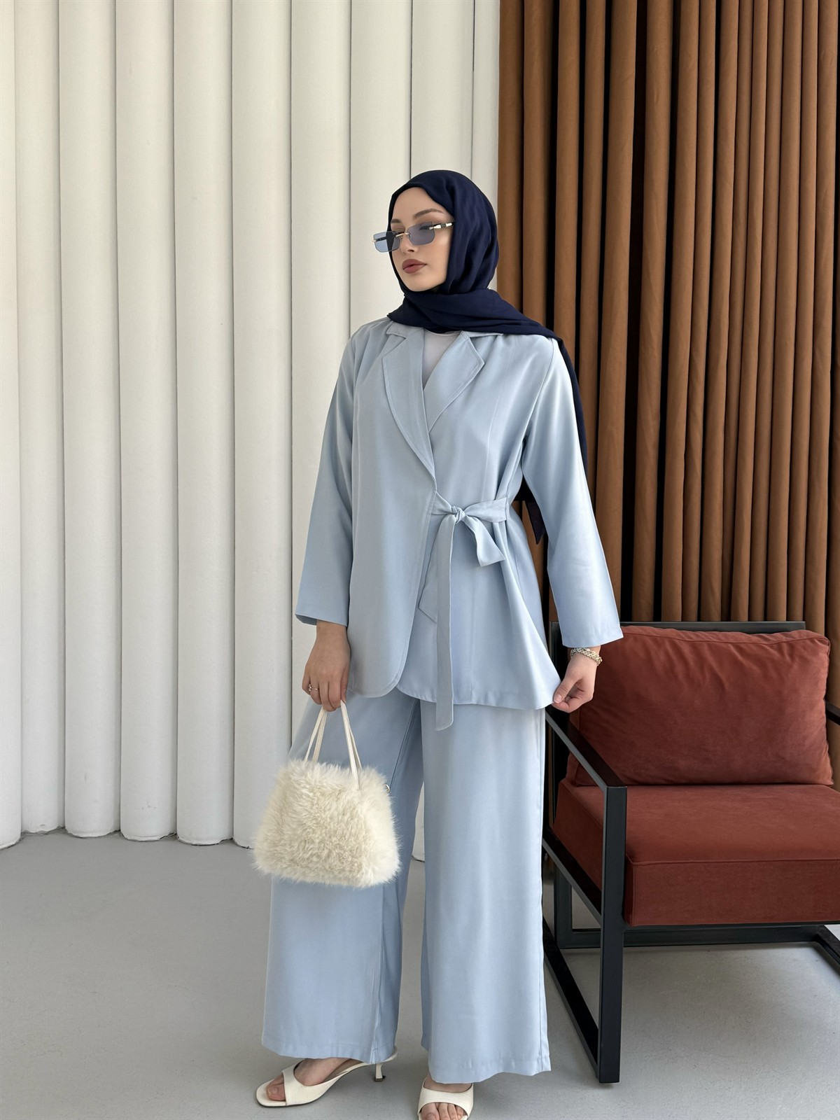 Yandan Bağlamalı Ceket Pantolon Tesettür Takım-BEBE MAVİ