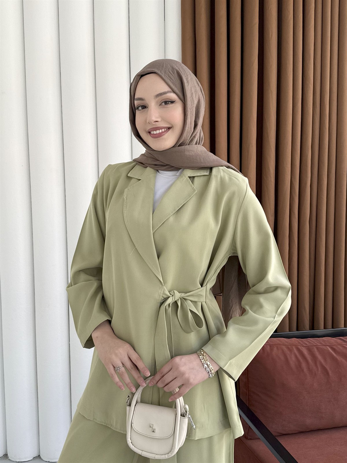 Yandan Bağlamalı Ceket Pantolon Tesettür Takım-MİNT YEŞİLİ