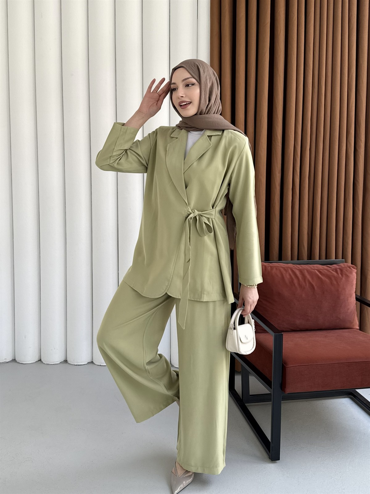 Yandan Bağlamalı Ceket Pantolon Tesettür Takım-MİNT YEŞİLİ