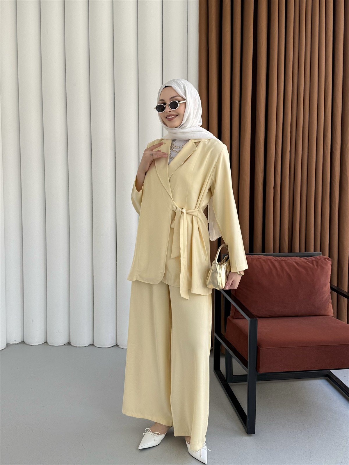 Yandan Bağlamalı Ceket Pantolon Tesettür Takım-SARI