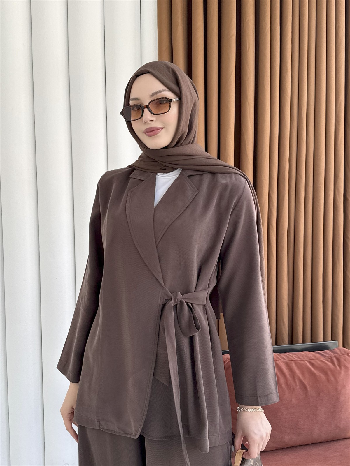 Yandan Bağlamalı Ceket Pantolon Tesettür Takım-KAHVERENGİ