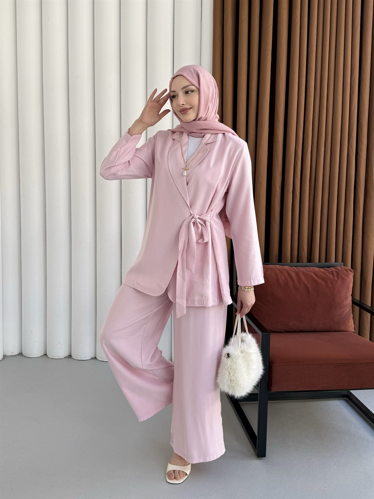 Yandan Bağlamalı Ceket Pantolon Tesettür Takım-PEMBE