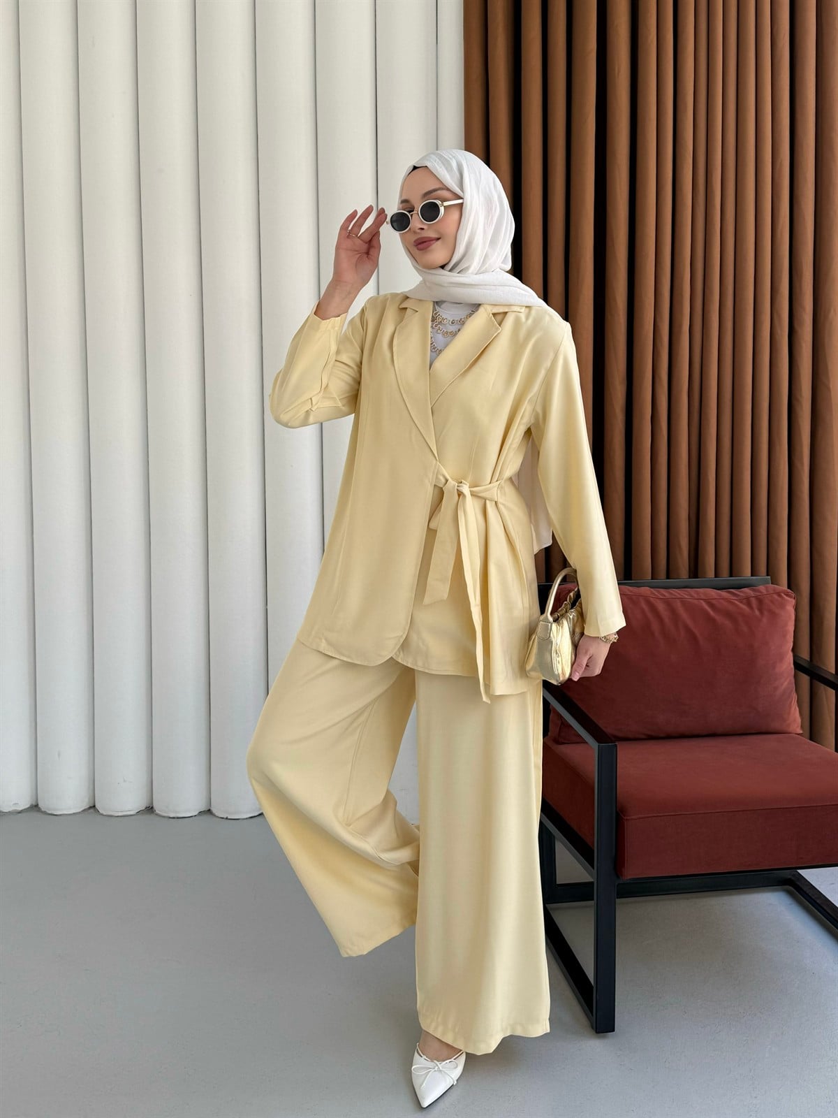 Yandan Bağlamalı Ceket Pantolon Tesettür Takım-SARI