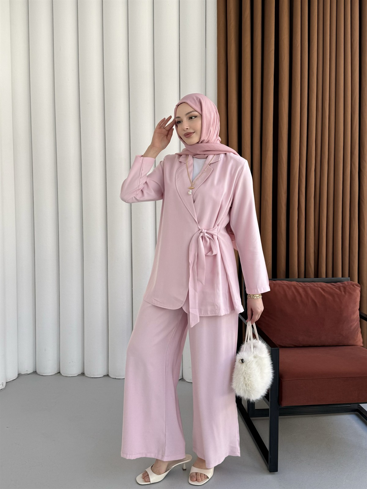 Yandan Bağlamalı Ceket Pantolon Tesettür Takım-PEMBE