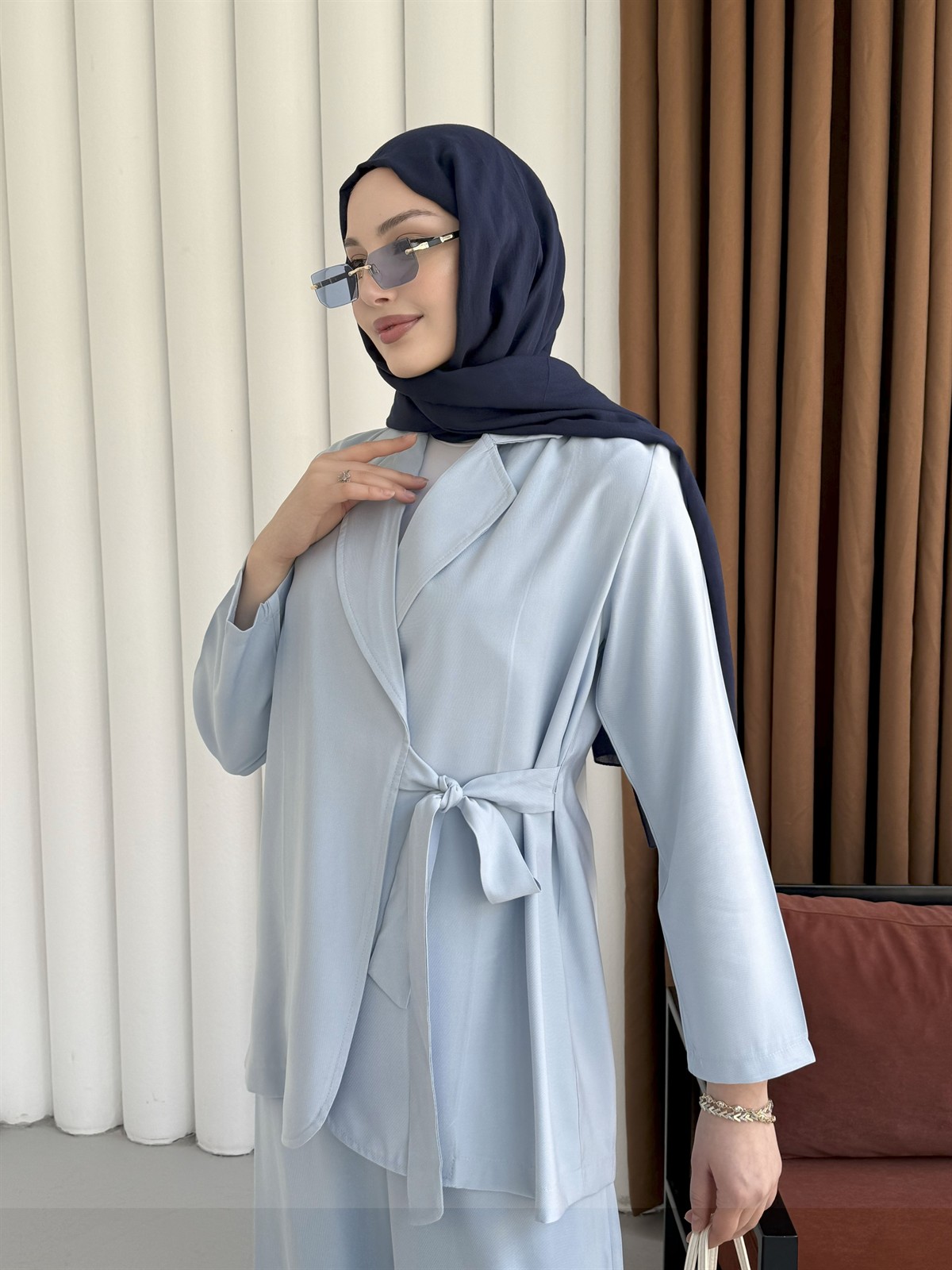 Yandan Bağlamalı Ceket Pantolon Tesettür Takım-BEBE MAVİ