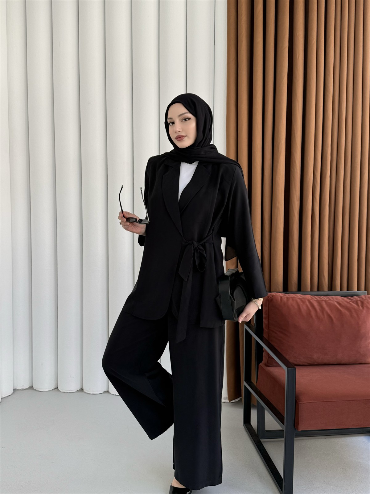 Yandan Bağlamalı Ceket Pantolon Tesettür Takım-SİYAH