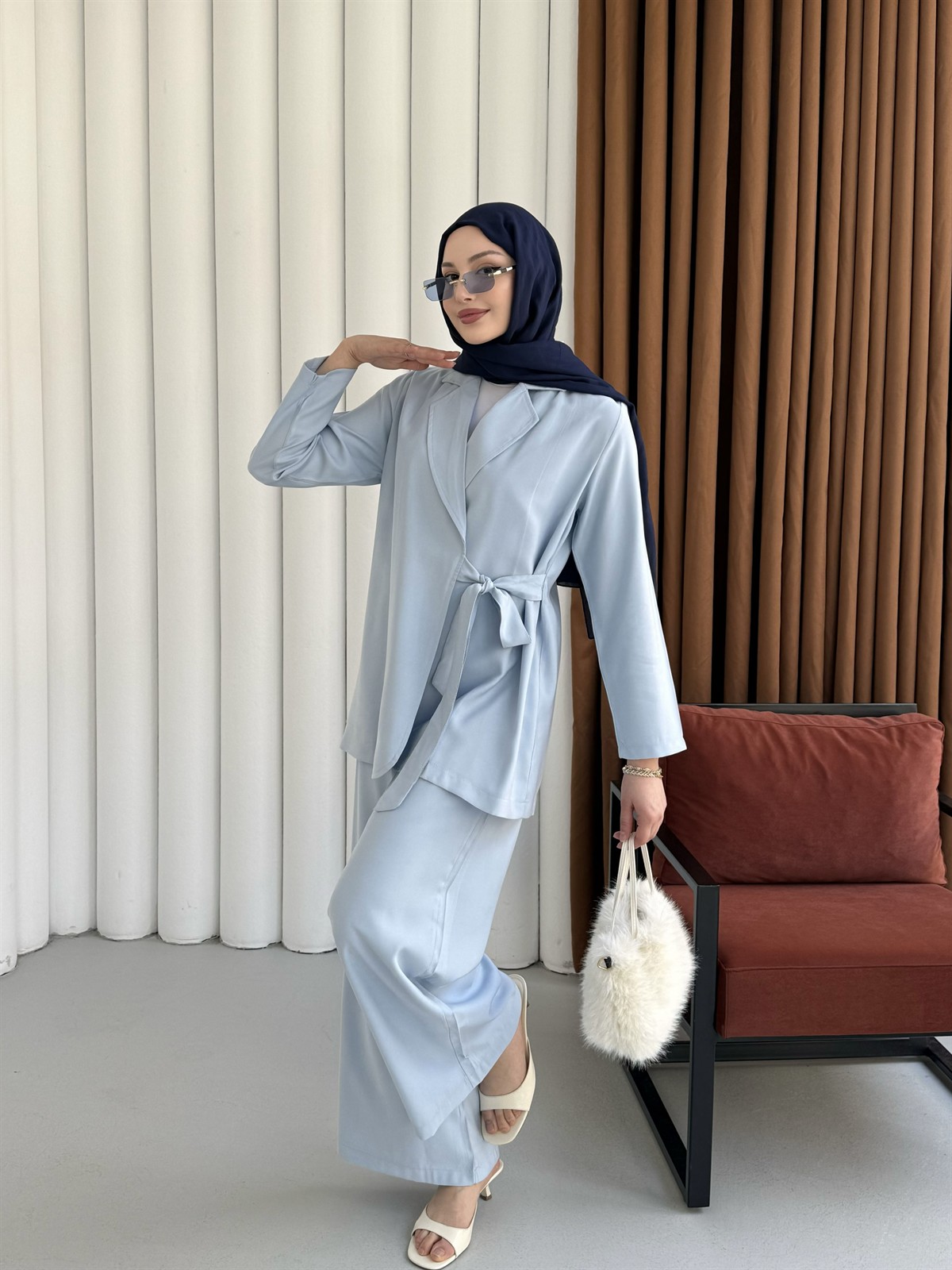 Yandan Bağlamalı Ceket Pantolon Tesettür Takım-BEBE MAVİ