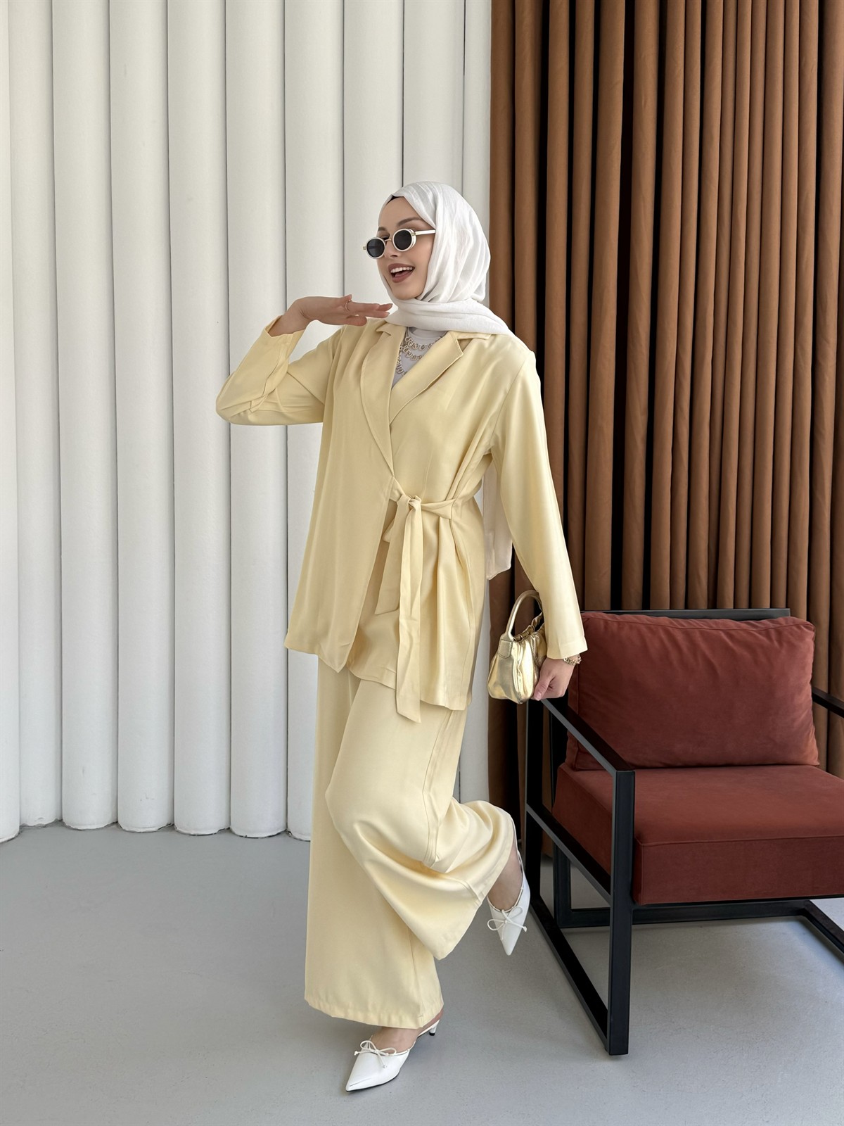 Yandan Bağlamalı Ceket Pantolon Tesettür Takım-SARI