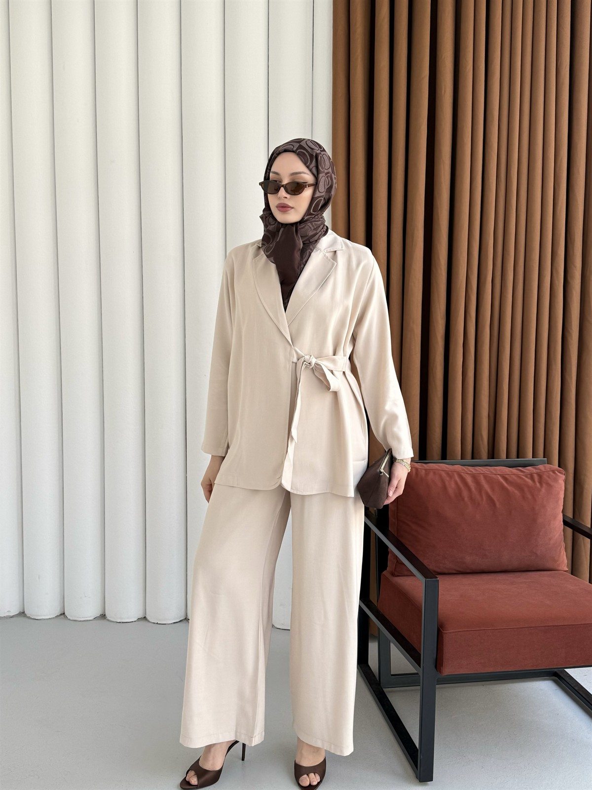 Yandan Bağlamalı Ceket Pantolon Tesettür Takım-TAŞ