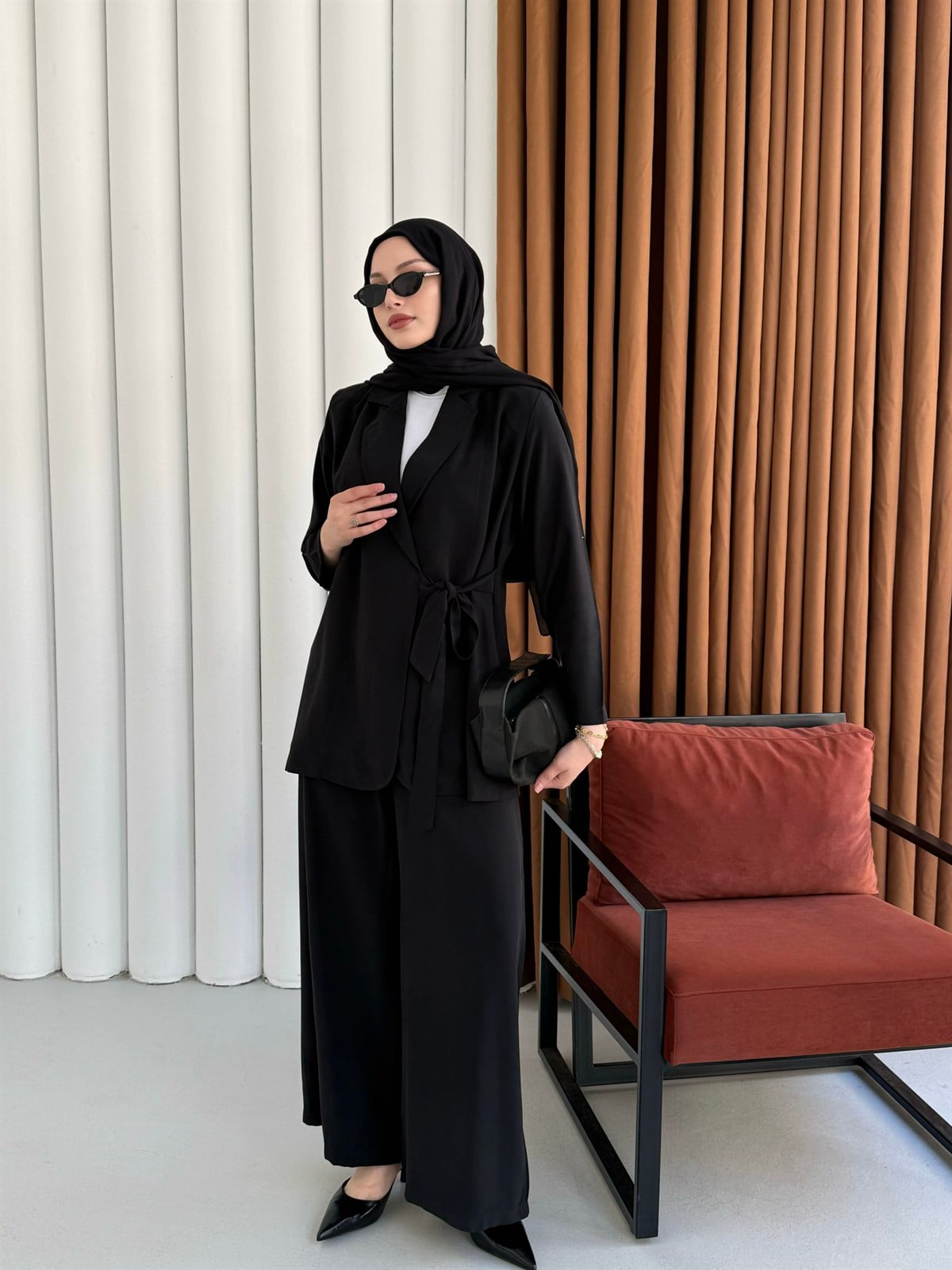 Yandan Bağlamalı Ceket Pantolon Tesettür Takım-SİYAH