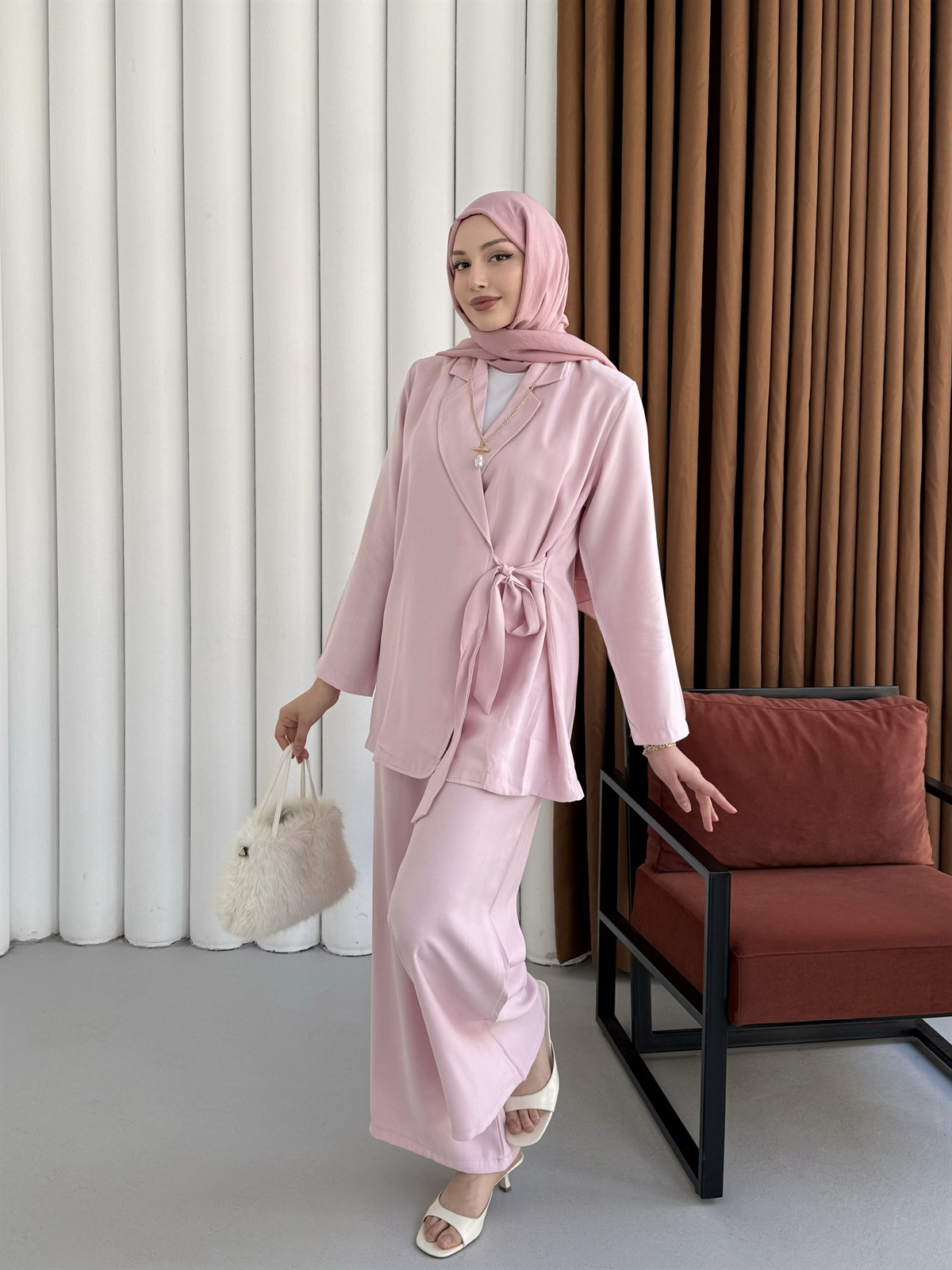Yandan Bağlamalı Ceket Pantolon Tesettür Takım-PEMBE