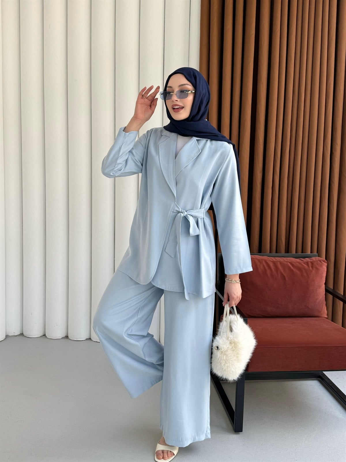 Yandan Bağlamalı Ceket Pantolon Tesettür Takım-BEBE MAVİ