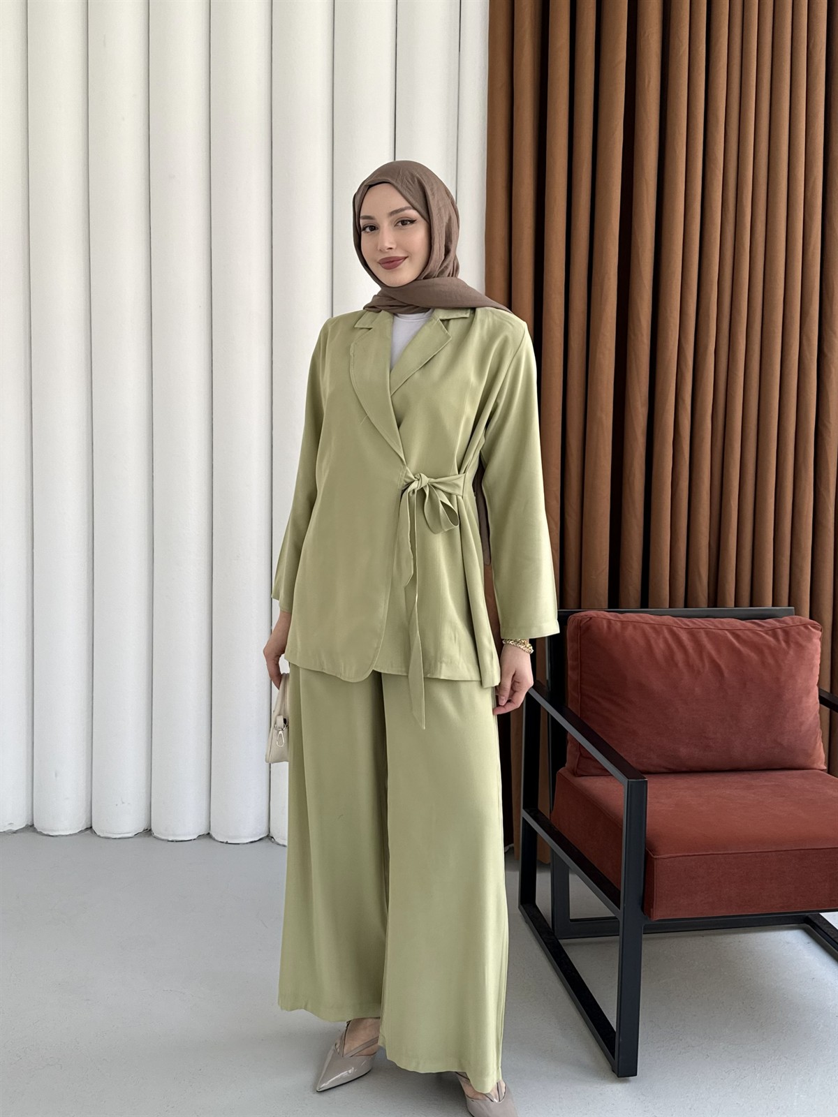 Yandan Bağlamalı Ceket Pantolon Tesettür Takım-MİNT YEŞİLİ