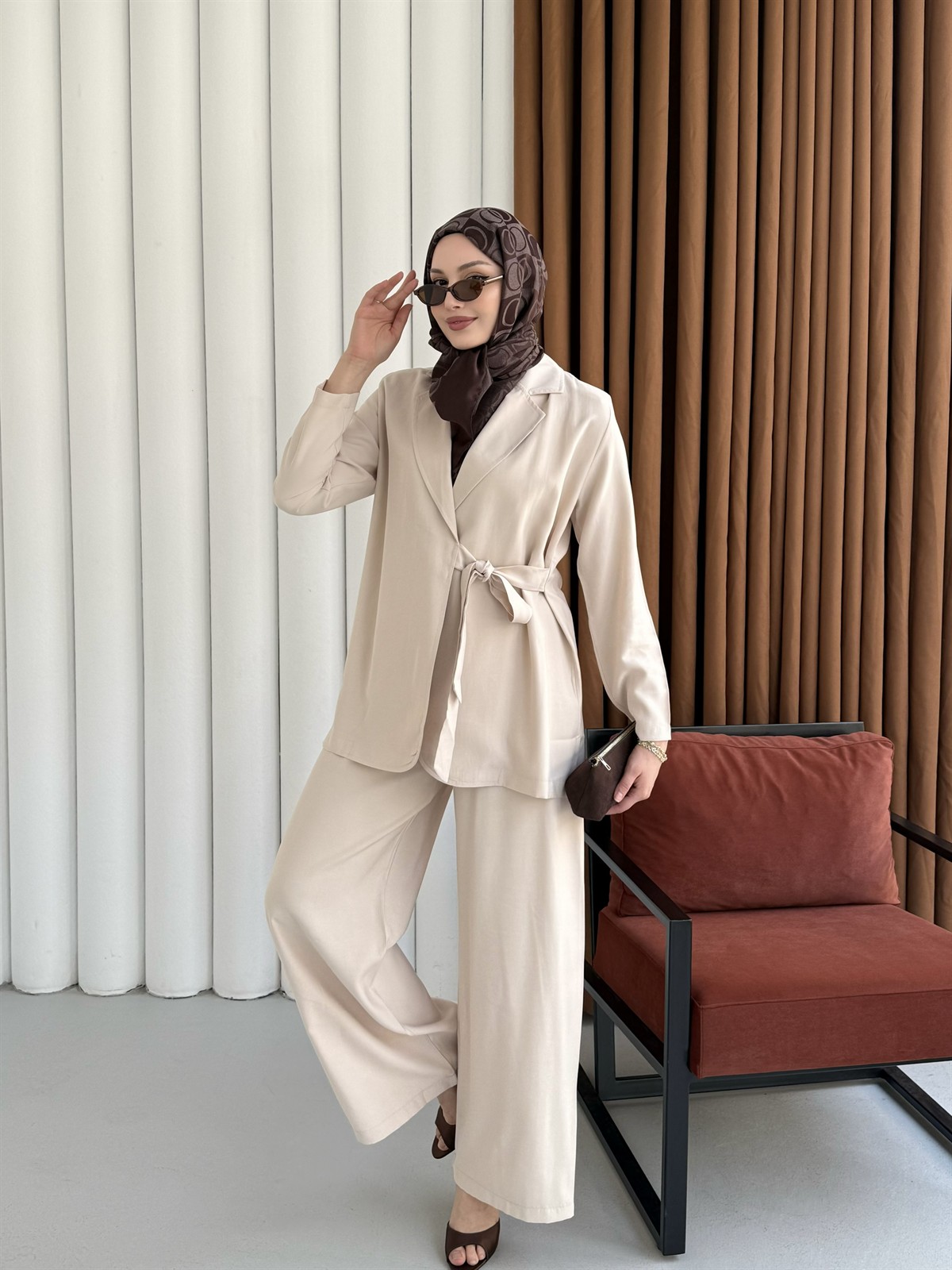 Yandan Bağlamalı Ceket Pantolon Tesettür Takım-TAŞ