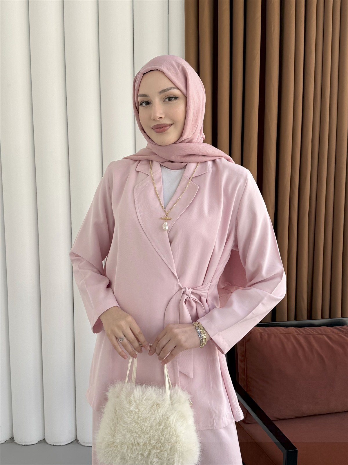 Yandan Bağlamalı Ceket Pantolon Tesettür Takım-PEMBE