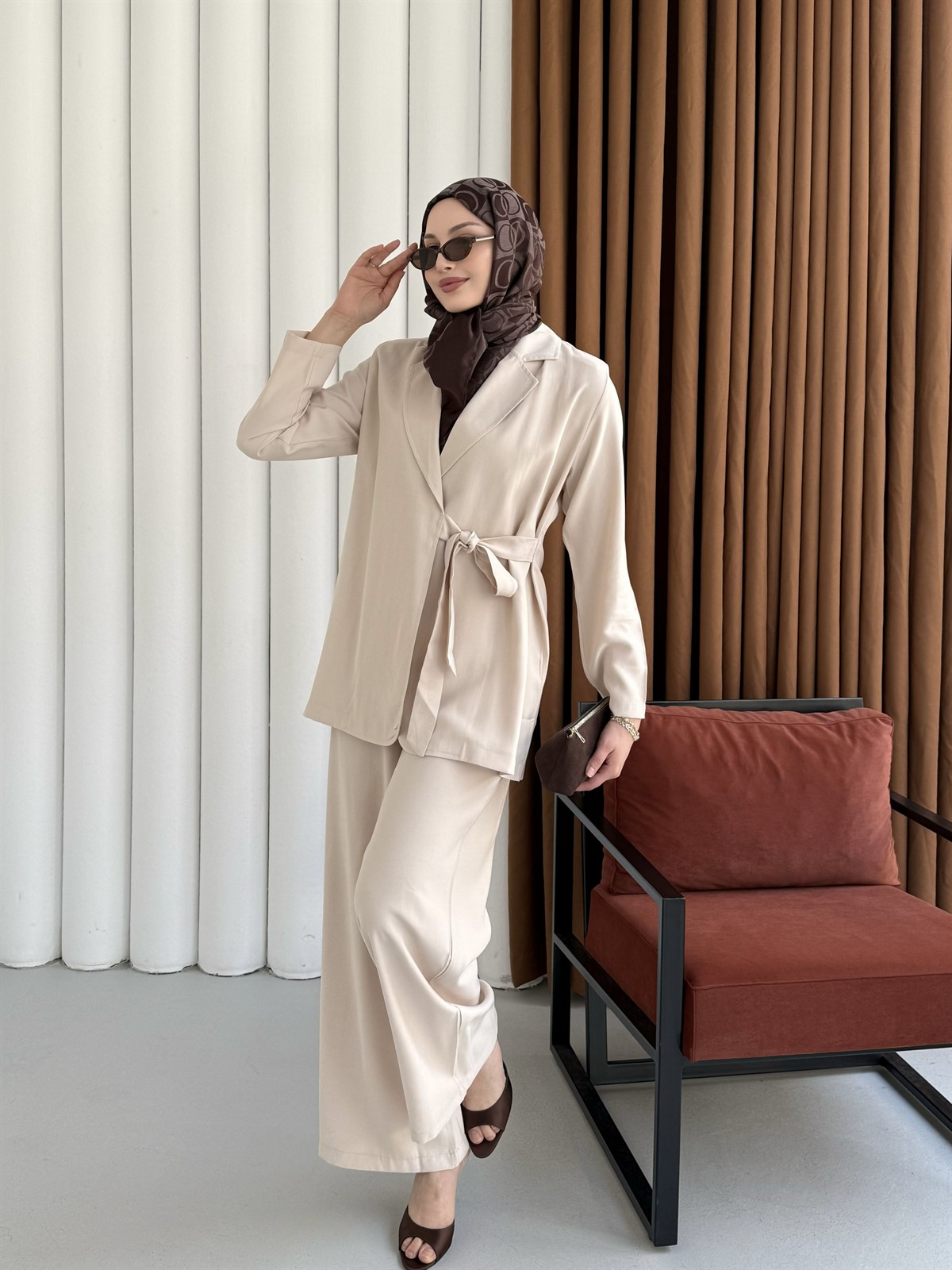 Yandan Bağlamalı Ceket Pantolon Tesettür Takım-TAŞ