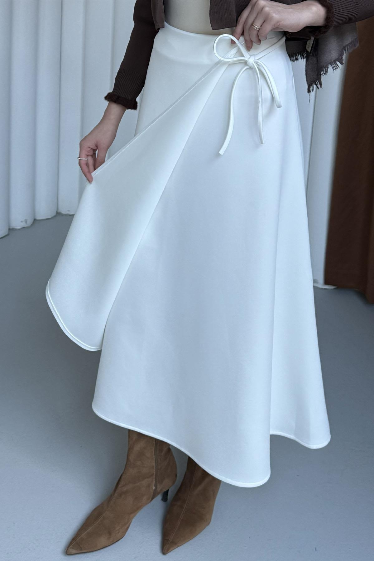 Yandan Bağlamalı Katlı Scuba Etek-BEYAZ