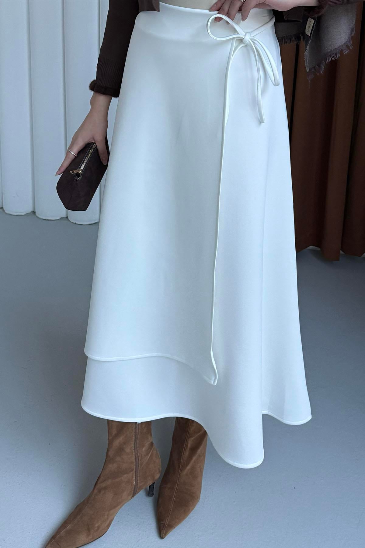 Yandan Bağlamalı Katlı Scuba Etek-BEYAZ