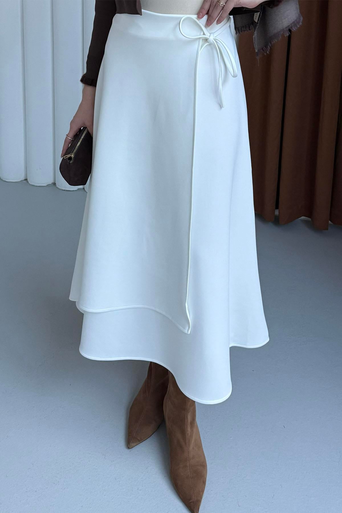 Yandan Bağlamalı Katlı Scuba Etek-BEYAZ