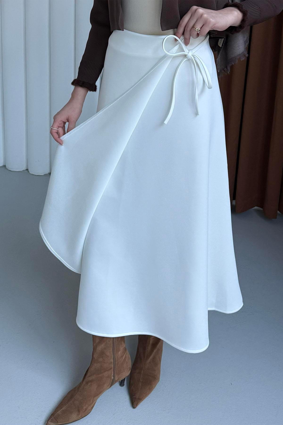 Yandan Bağlamalı Katlı Scuba Etek-BEYAZ