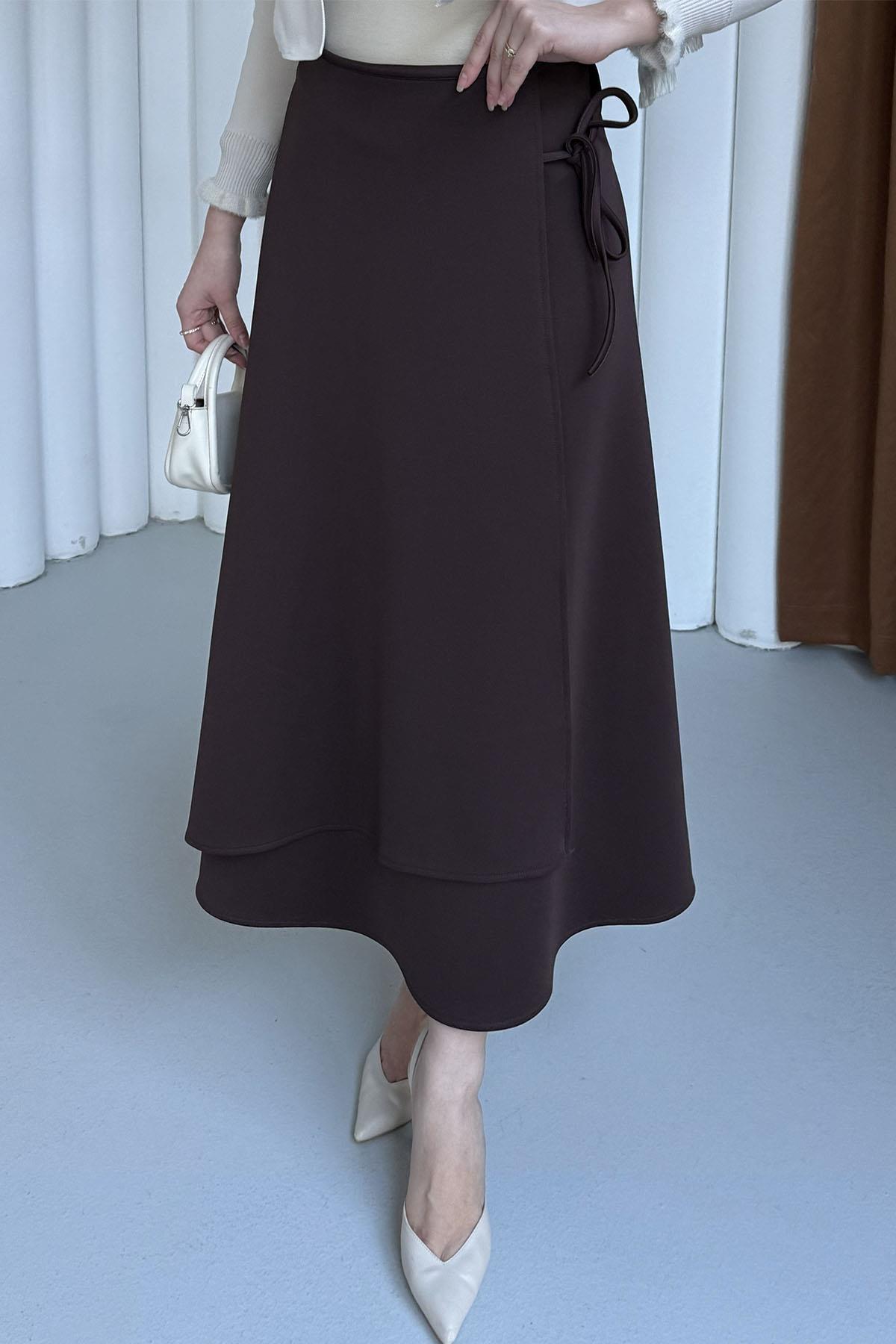 Yandan Bağlamalı Katlı Scuba Etek-KAHVERENGİ