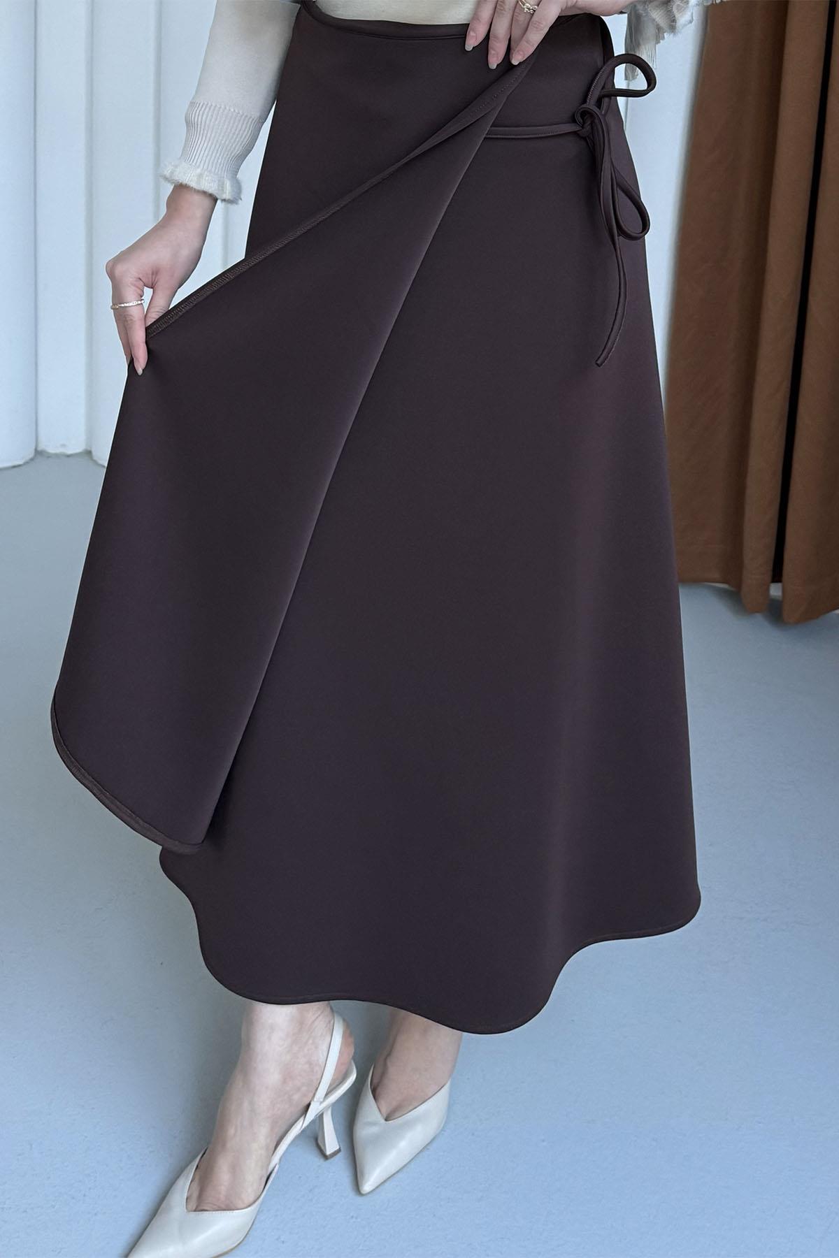 Yandan Bağlamalı Katlı Scuba Etek-KAHVERENGİ