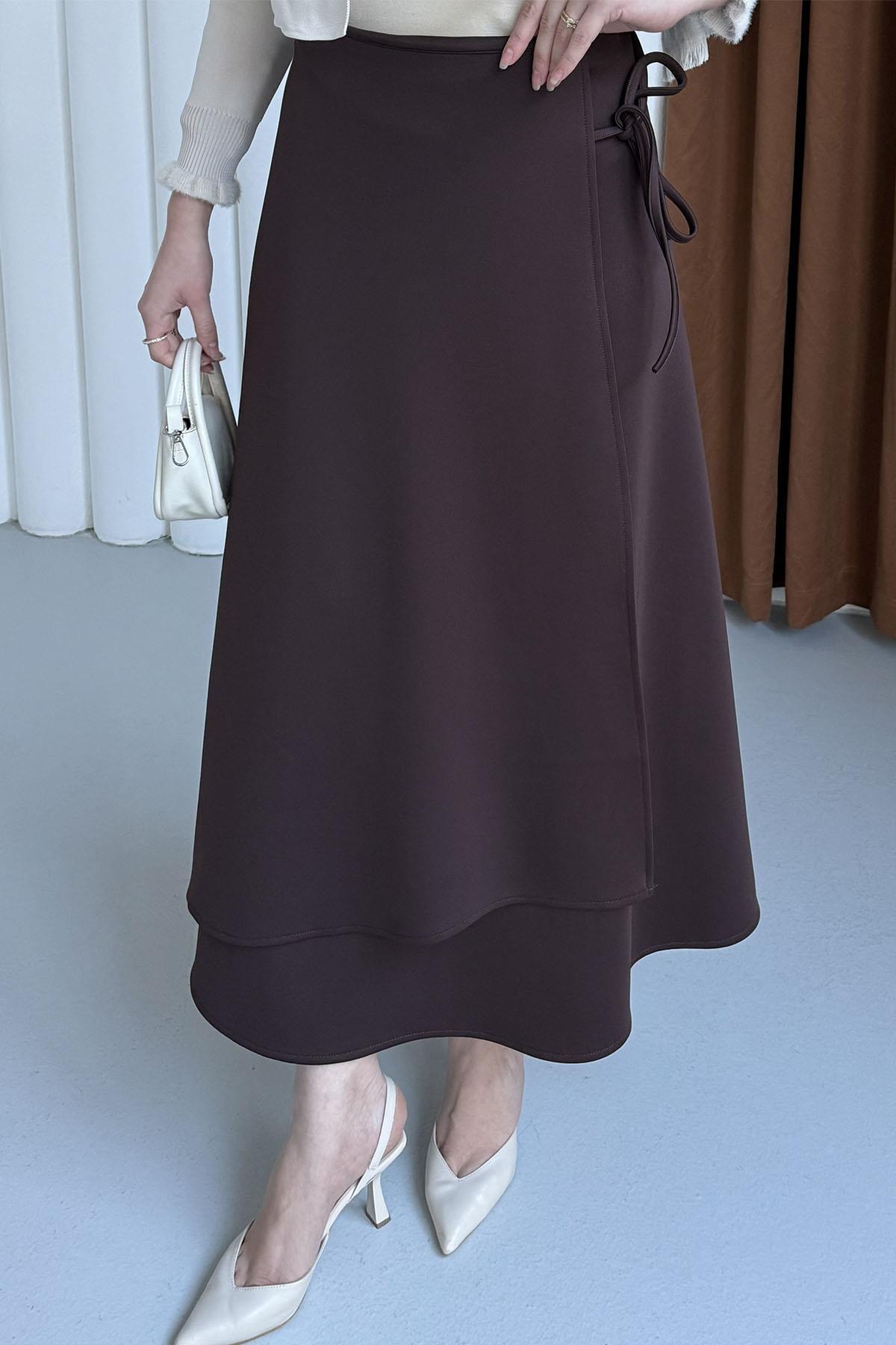 Yandan Bağlamalı Katlı Scuba Etek-KAHVERENGİ