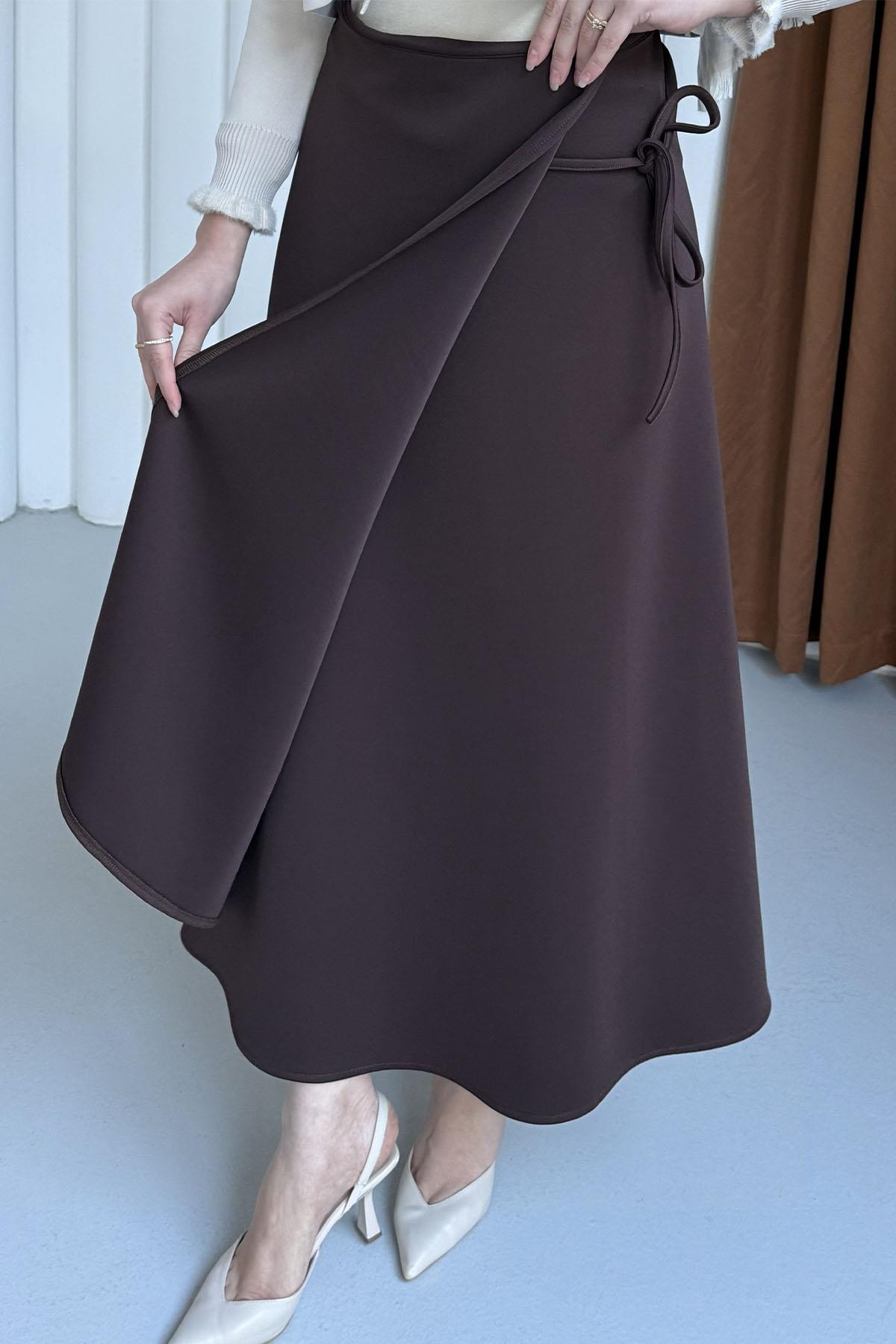 Yandan Bağlamalı Katlı Scuba Etek-KAHVERENGİ