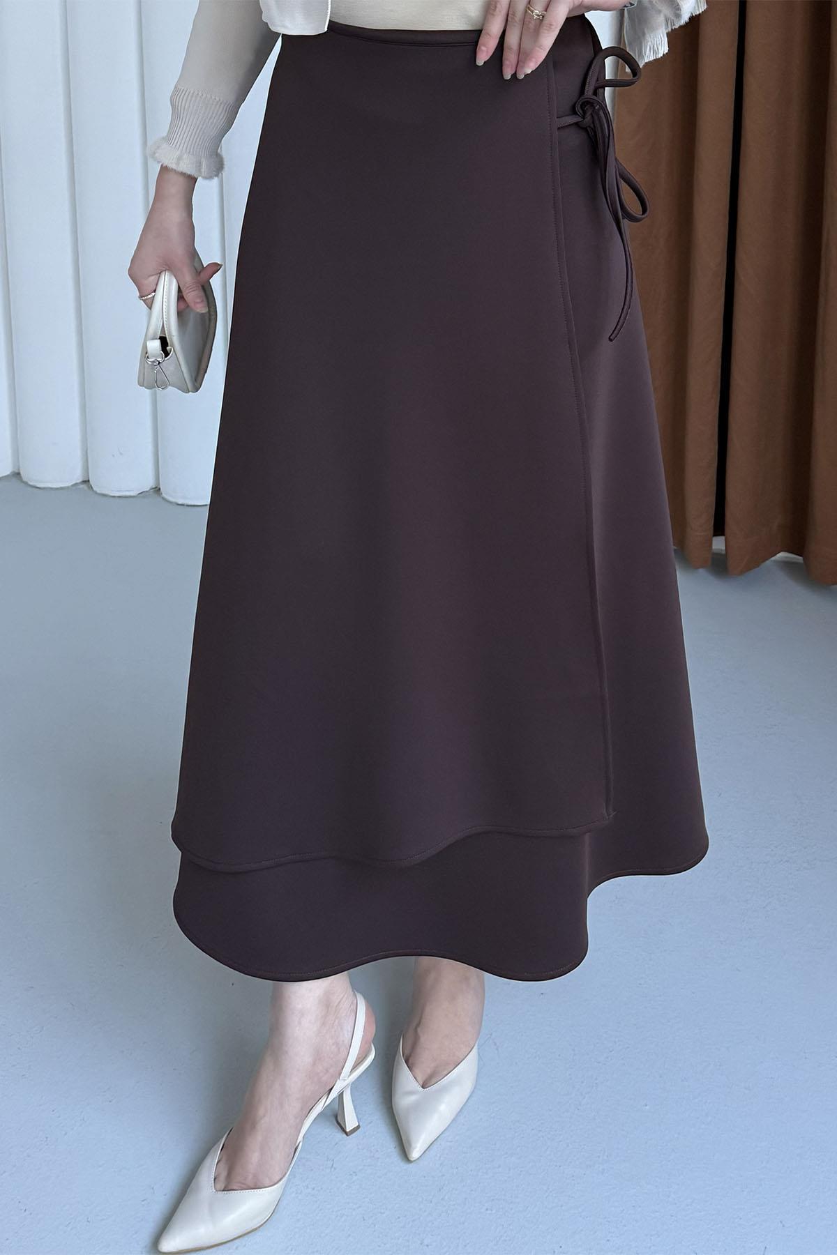 Yandan Bağlamalı Katlı Scuba Etek-KAHVERENGİ