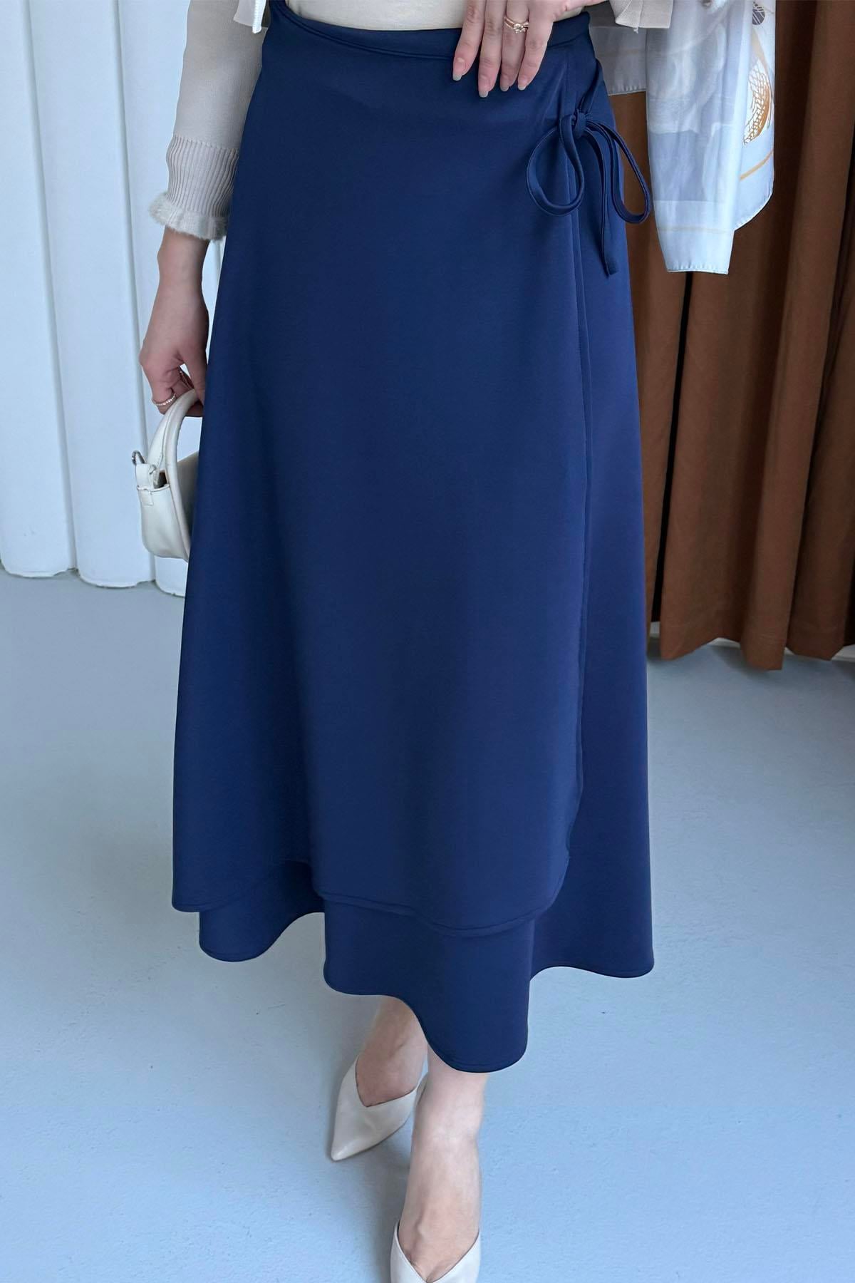 Yandan Bağlamalı Katlı Scuba Etek-LACİVERT