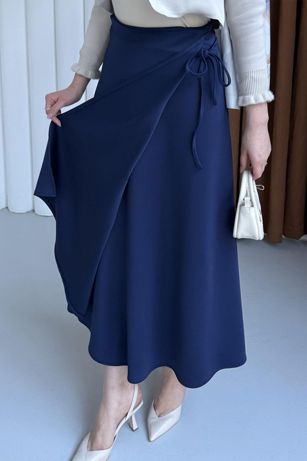 Yandan Bağlamalı Katlı Scuba Etek-LACİVERT
