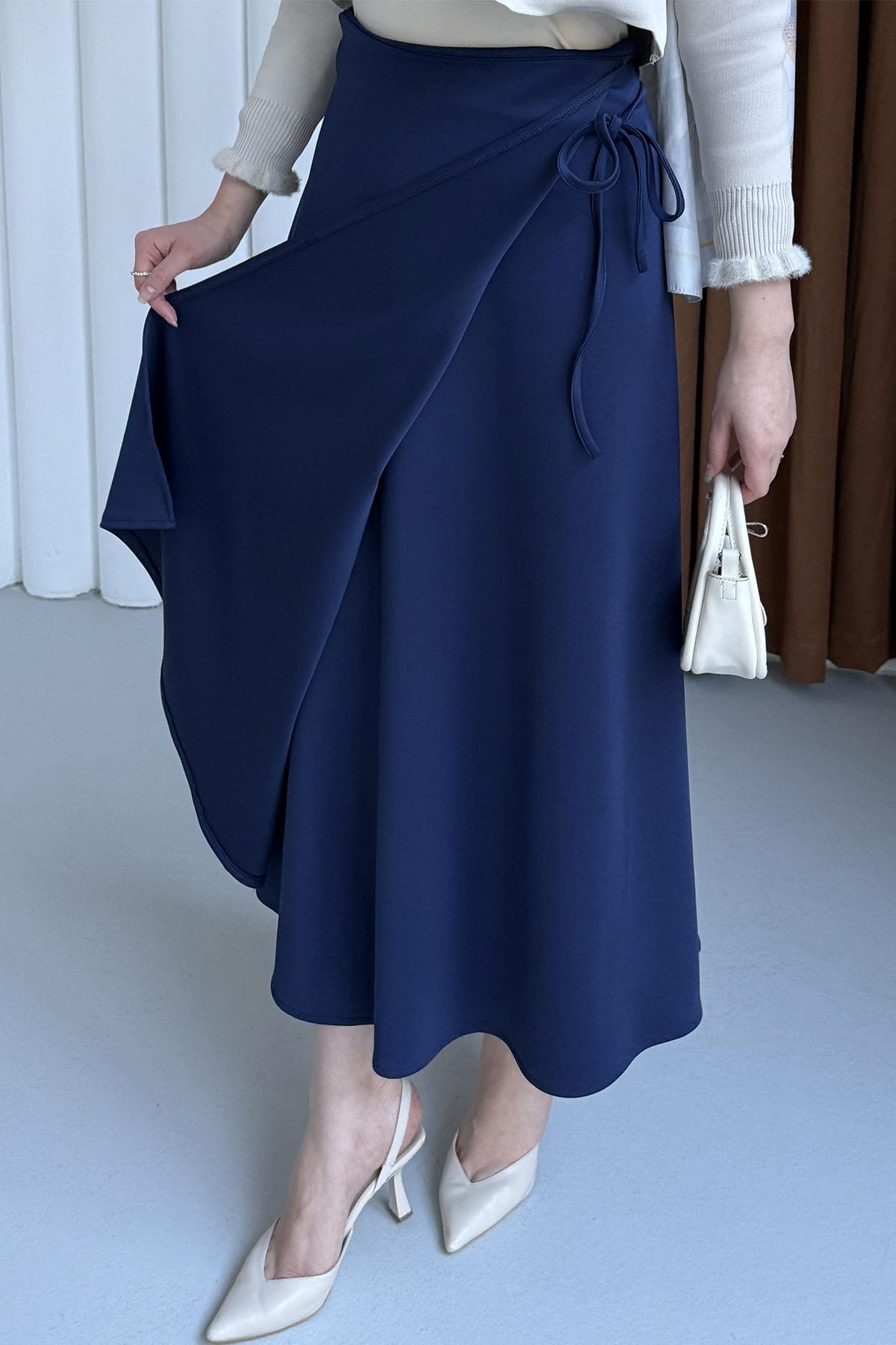 Yandan Bağlamalı Katlı Scuba Etek-LACİVERT