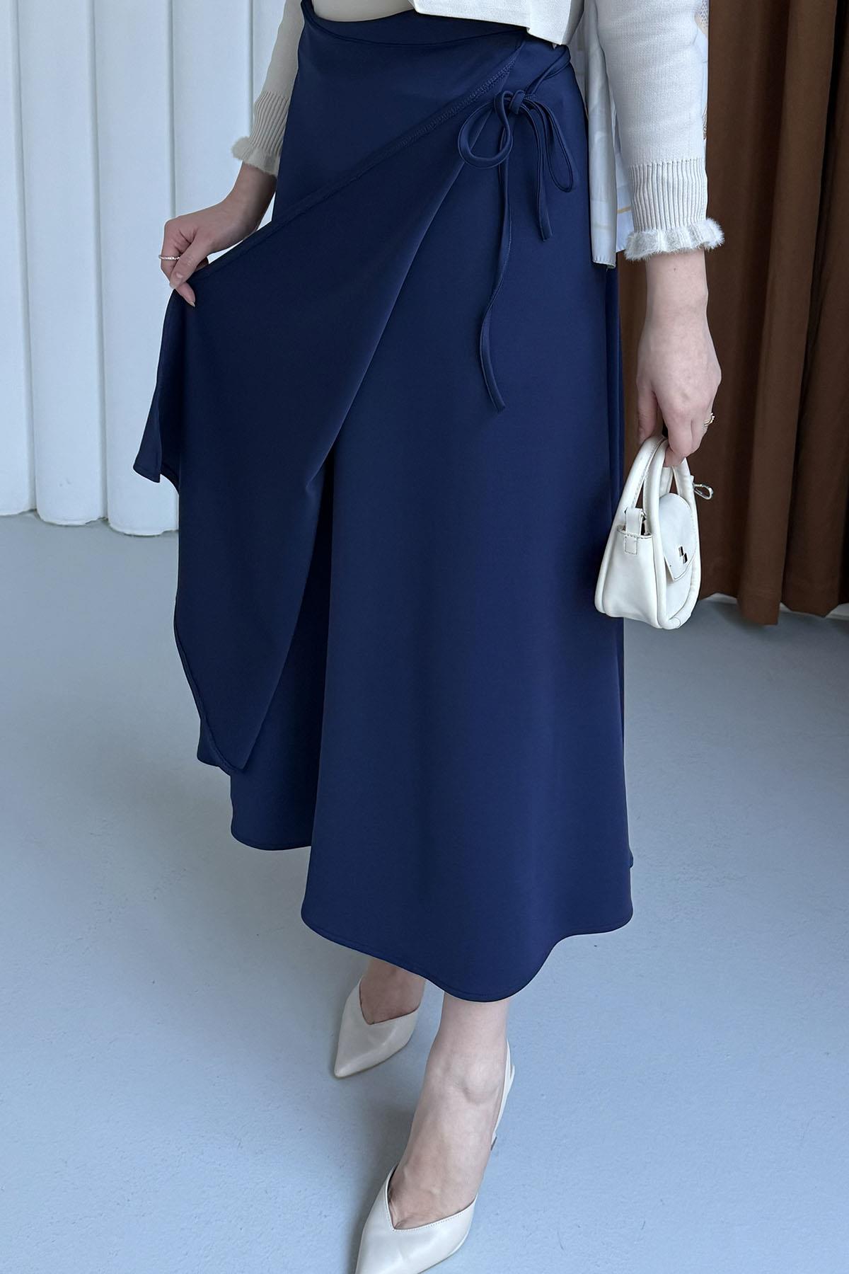 Yandan Bağlamalı Katlı Scuba Etek-LACİVERT