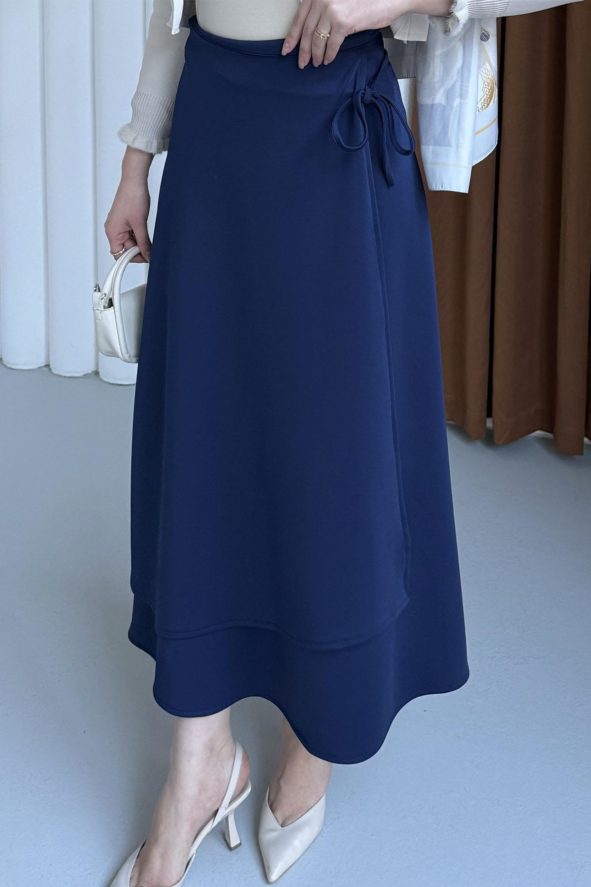 Yandan Bağlamalı Katlı Scuba Etek-LACİVERT