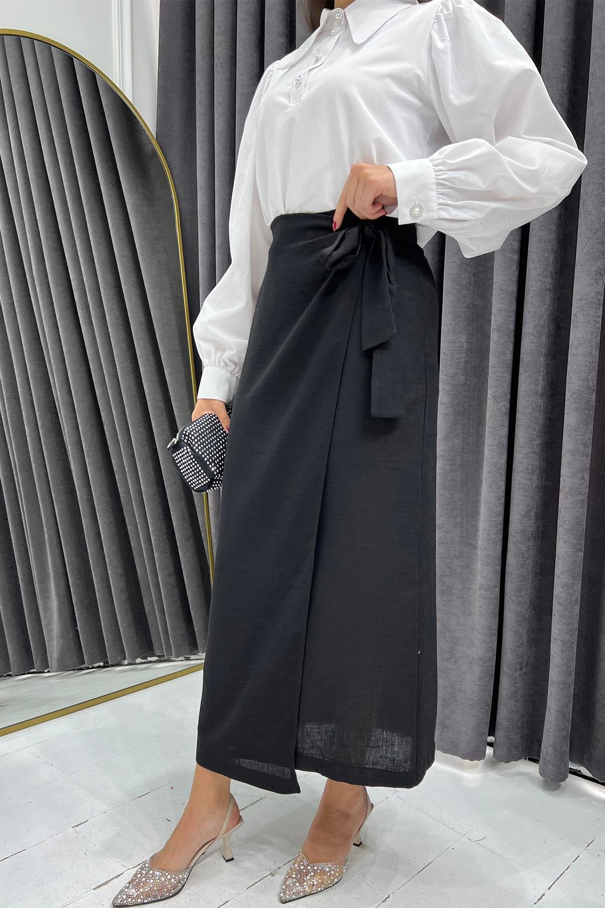 Yandan Bağlamalı Keten Etek-SİYAH