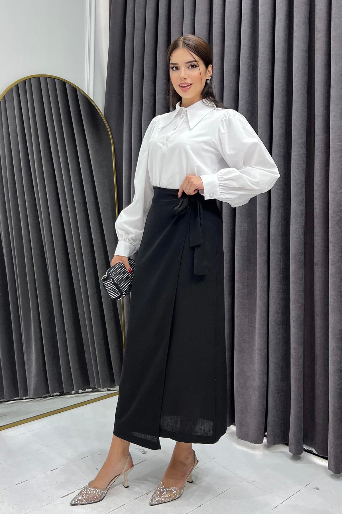 Yandan Bağlamalı Keten Etek-SİYAH