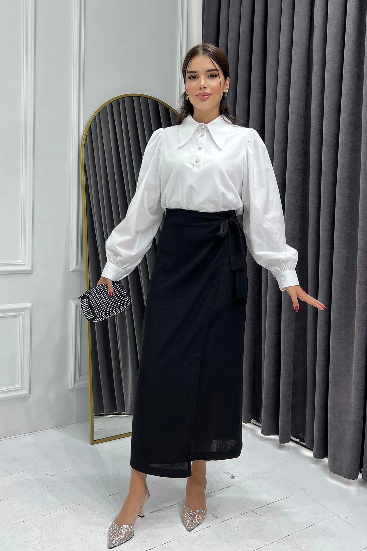 Yandan Bağlamalı Keten Etek-SİYAH