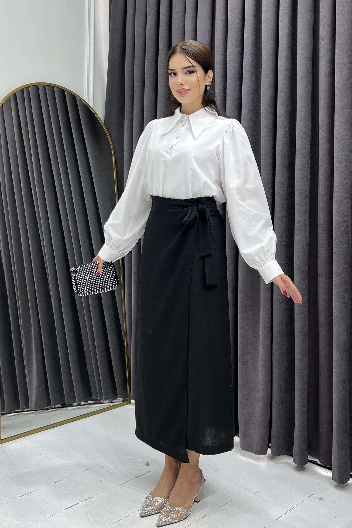 Yandan Bağlamalı Keten Etek-SİYAH