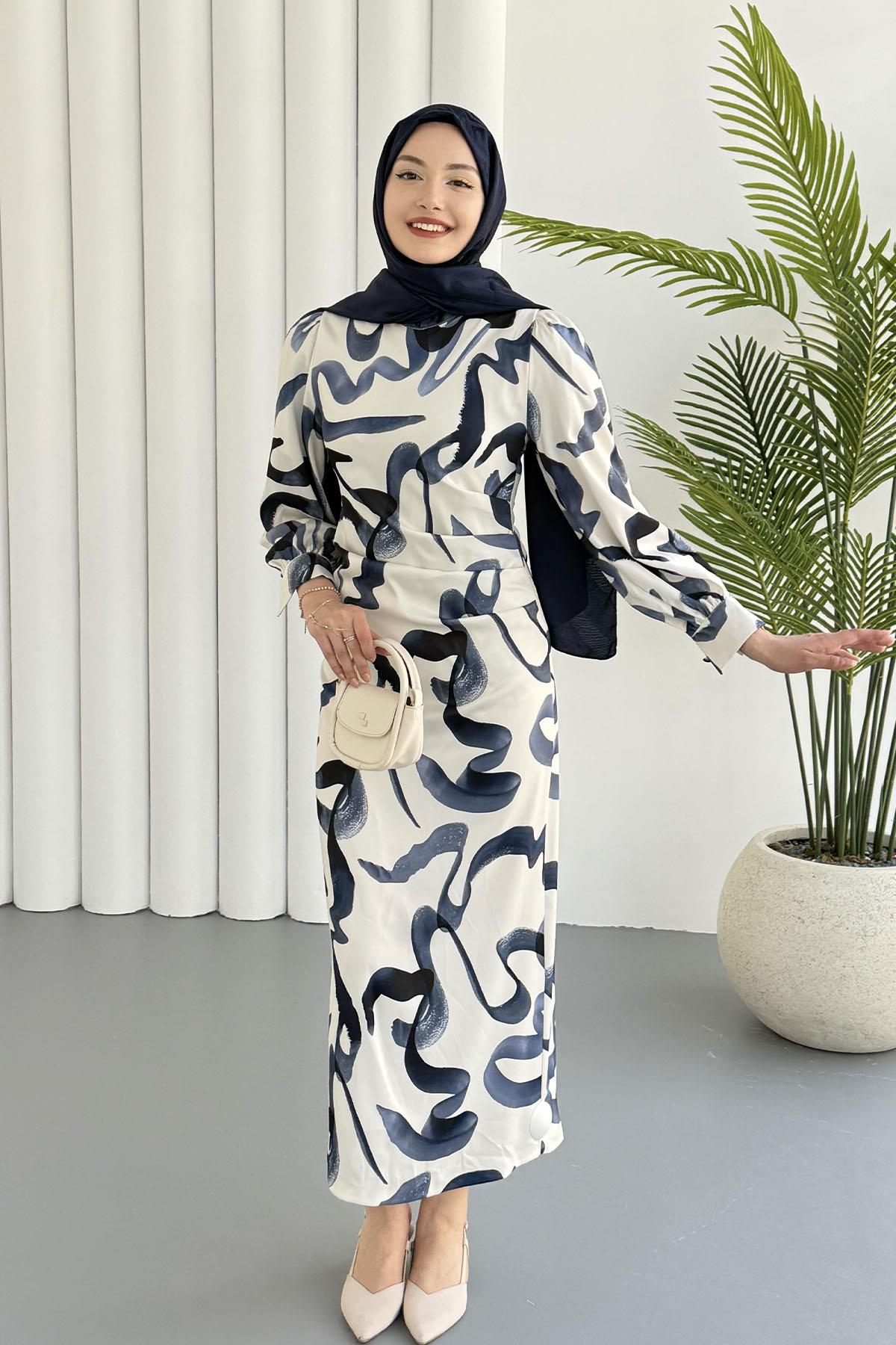 Yandan Büzgülü Batik Desen Tesettür Elbise-MAVİ