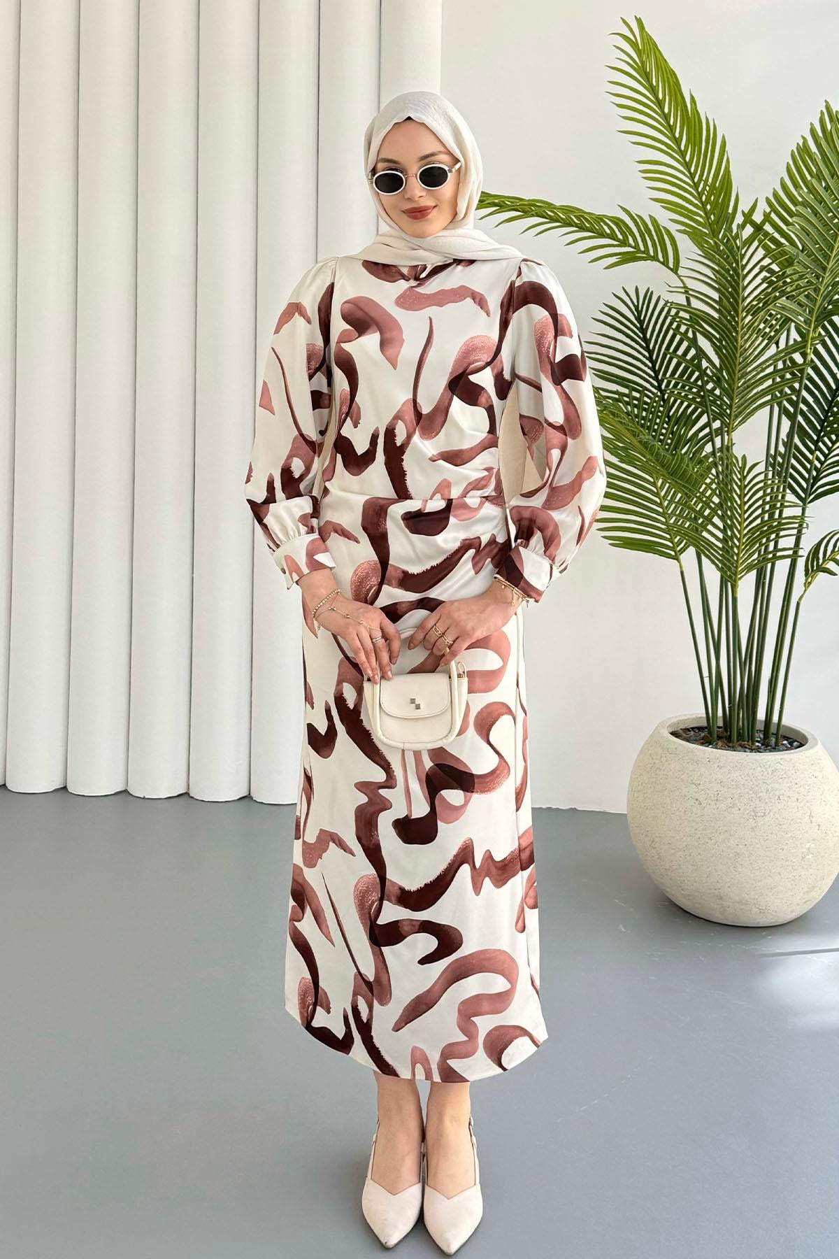 Yandan Büzgülü Batik Desen Tesettür Elbise-GÜL KURUSU