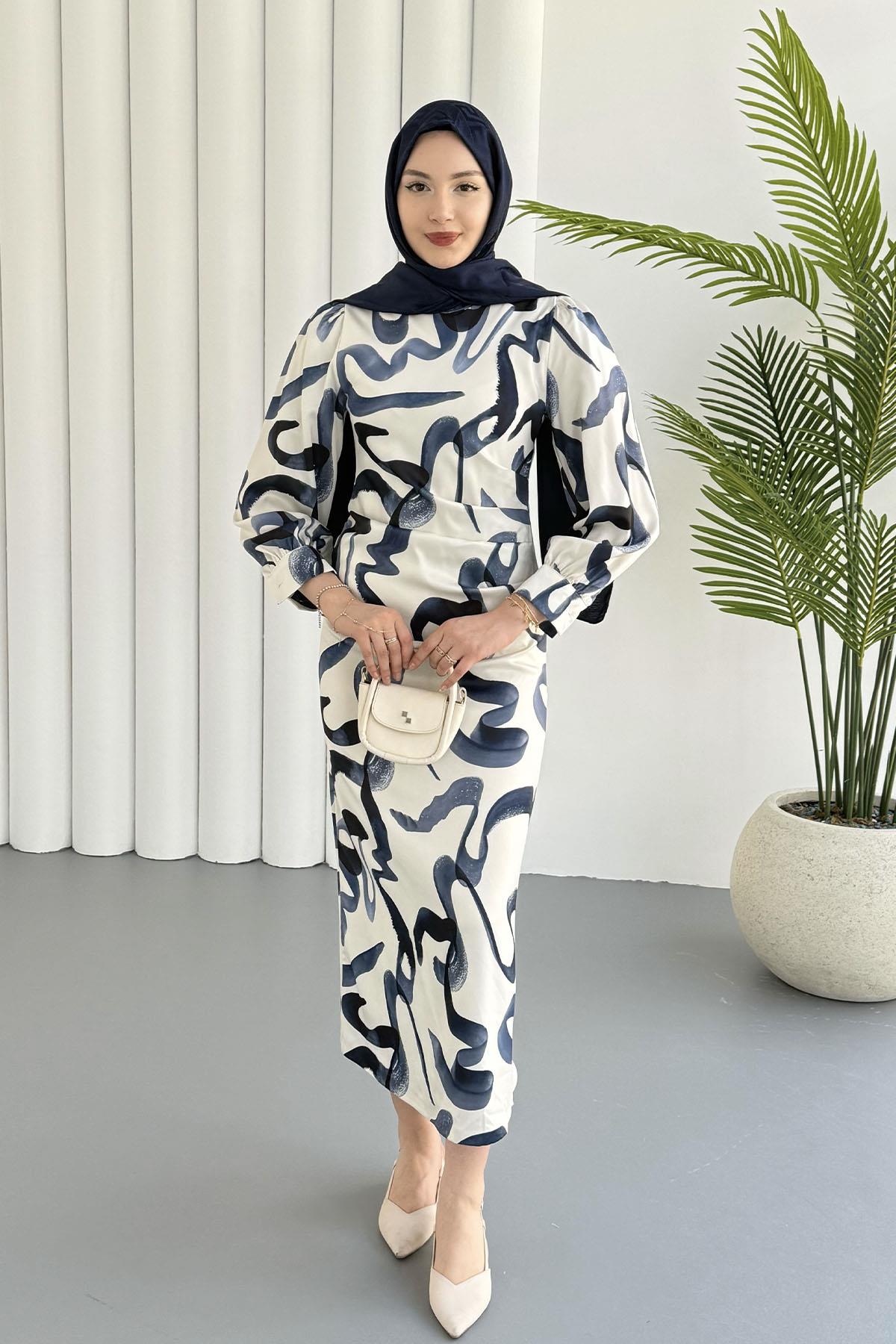 Yandan Büzgülü Batik Desen Tesettür Elbise-MAVİ