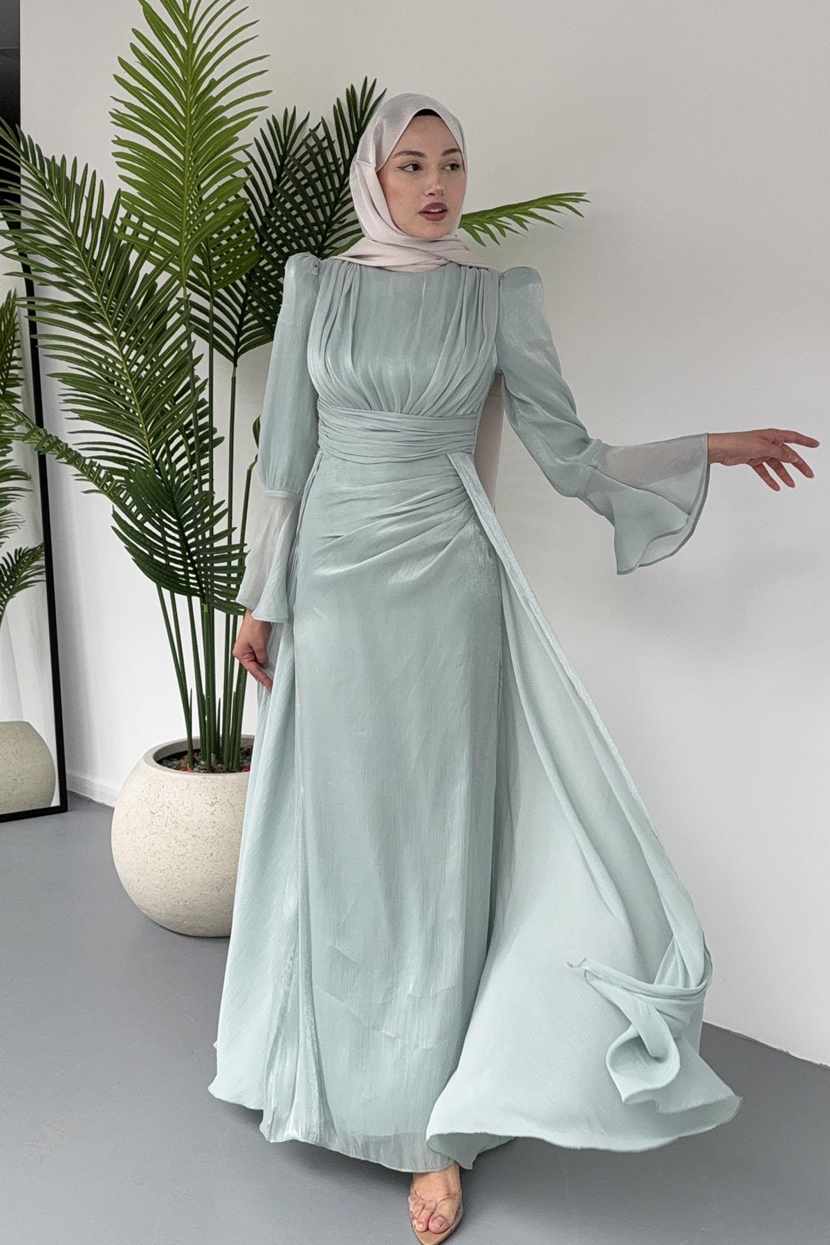 Yandan Büzğülü Zarif Jan Jan Tesettür Abiye-SU YEŞİLİ