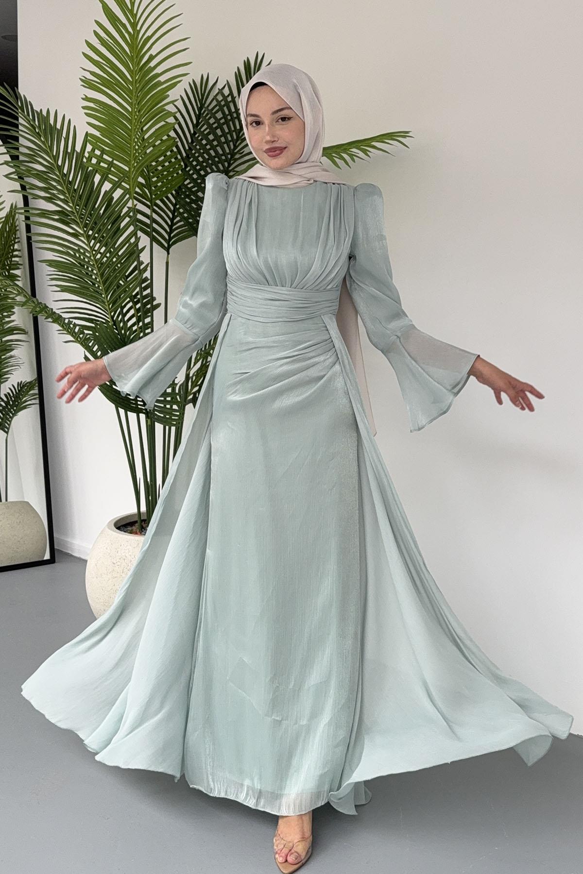 Yandan Büzğülü Zarif Jan Jan Tesettür Abiye-SU YEŞİLİ