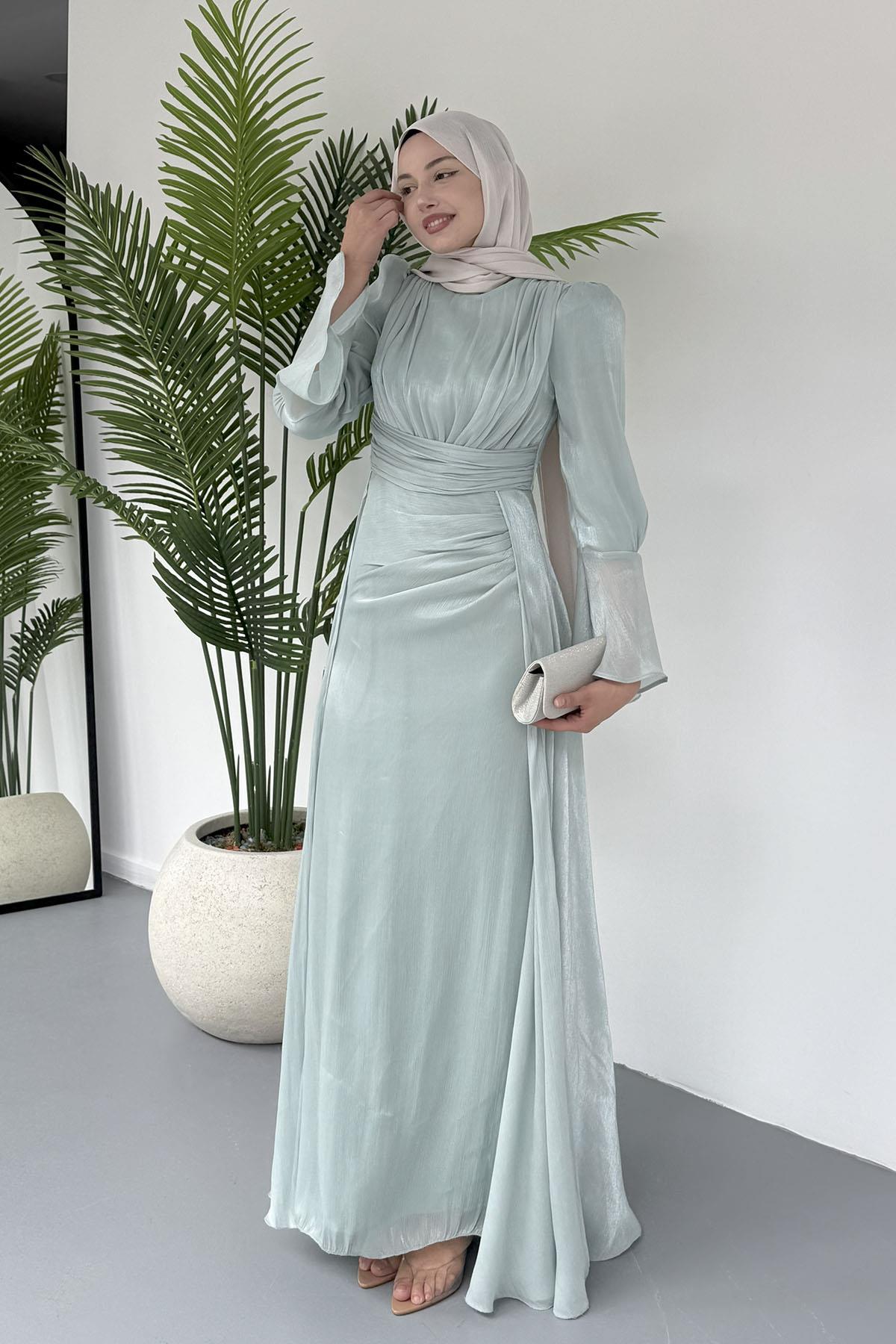 Yandan Büzğülü Zarif Jan Jan Tesettür Abiye-SU YEŞİLİ
